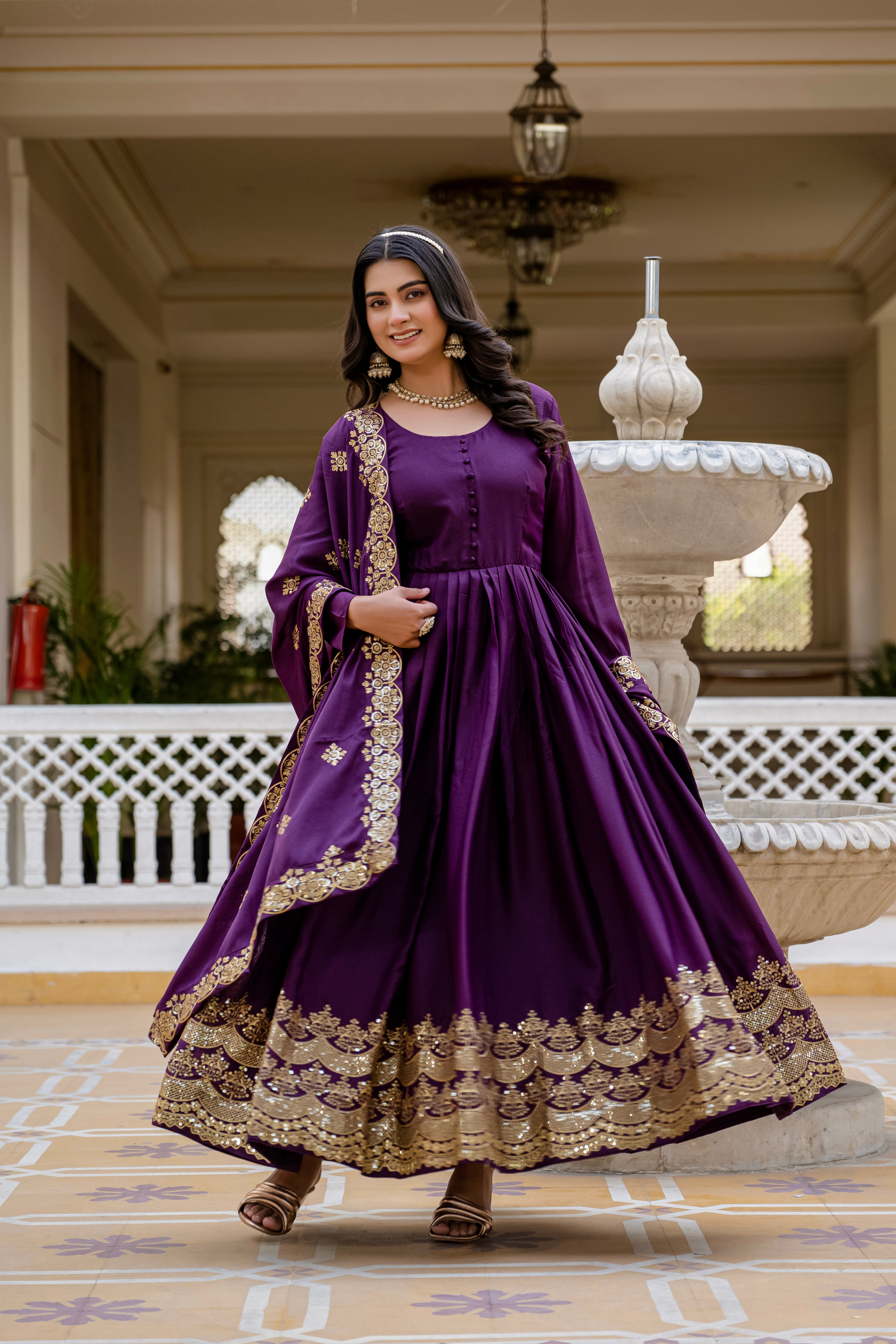 Wine Color Star Georgette Sequins Embroidered Gown with Dupatta