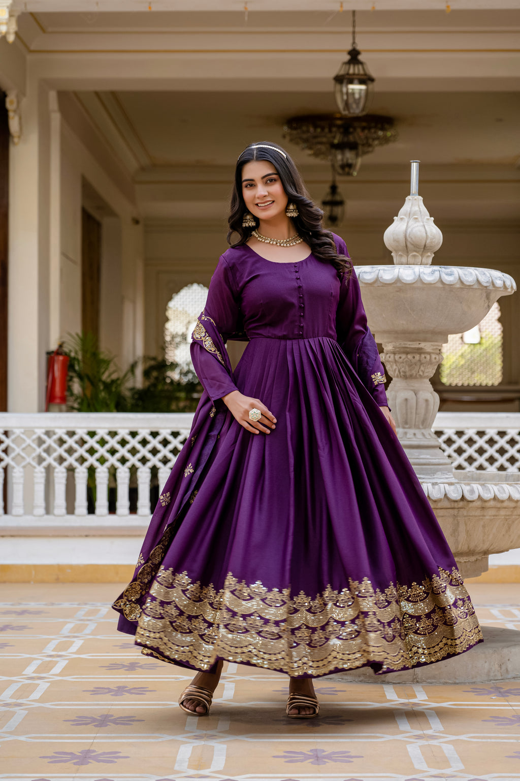 Wine Color Star Georgette Sequins Embroidered Gown with Dupatta