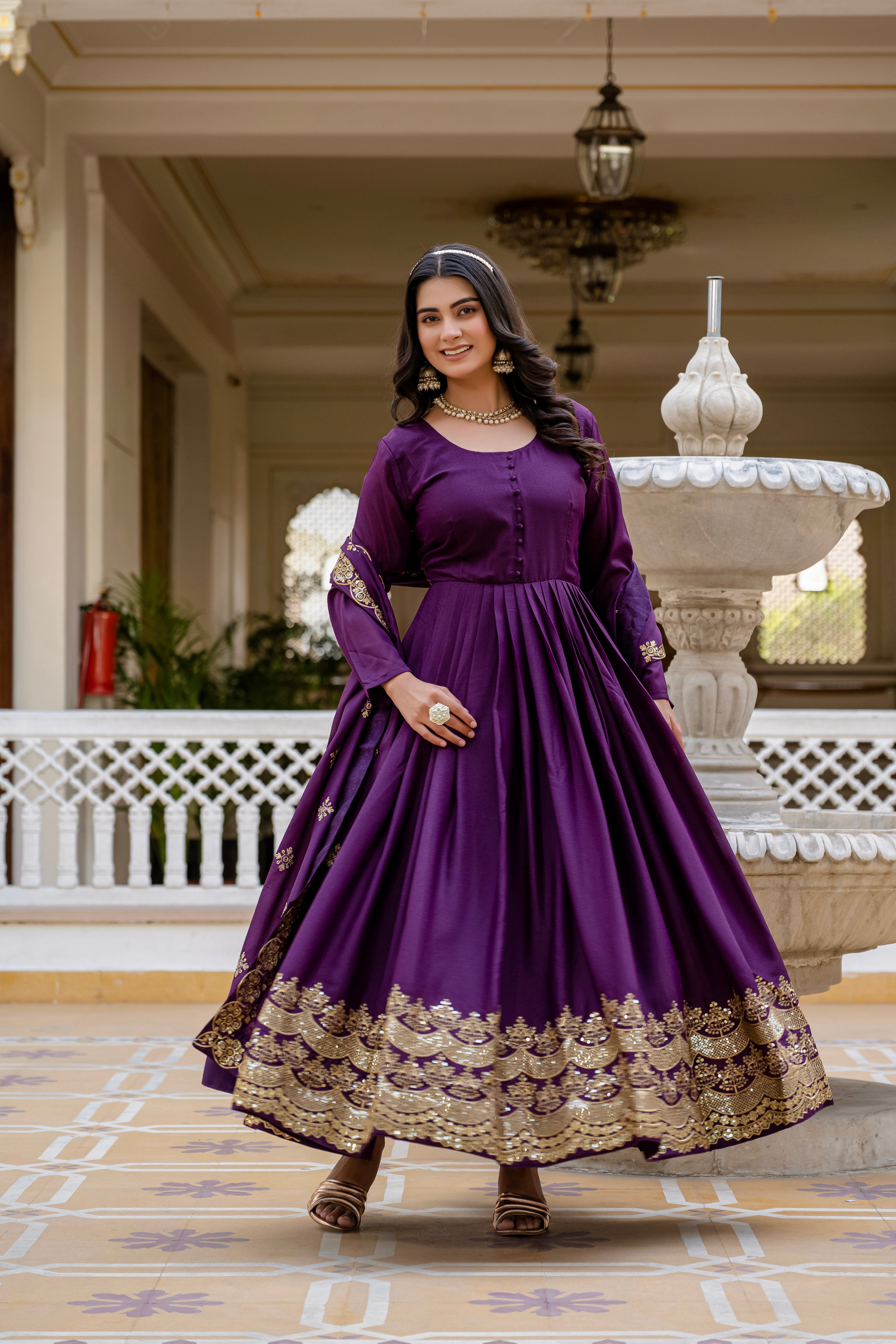 Wine Color Star Georgette Sequins Embroidered Gown with Dupatta