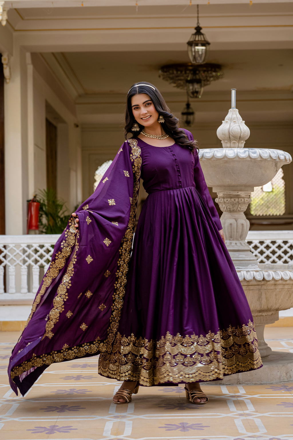 Wine Color Star Georgette Sequins Embroidered Gown with Dupatta