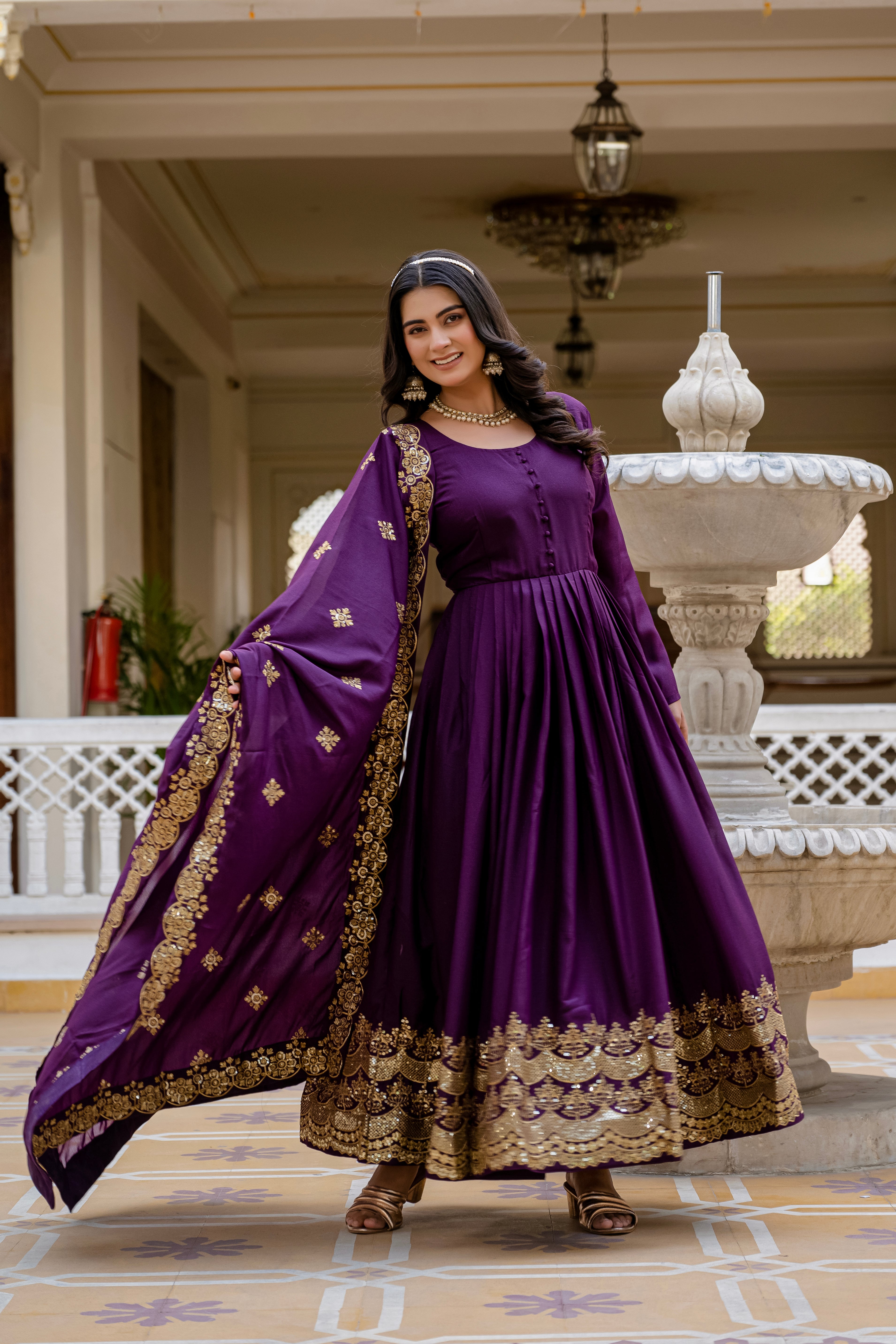 Wine Color Star Georgette Sequins Embroidered Gown with Dupatta