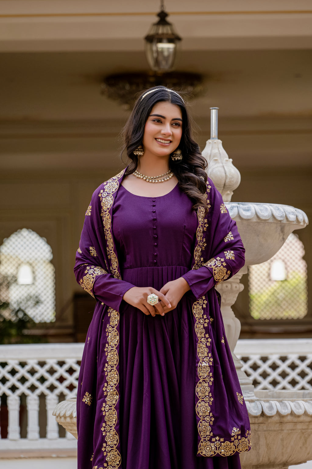 Wine Color Star Georgette Sequins Embroidered Gown with Dupatta