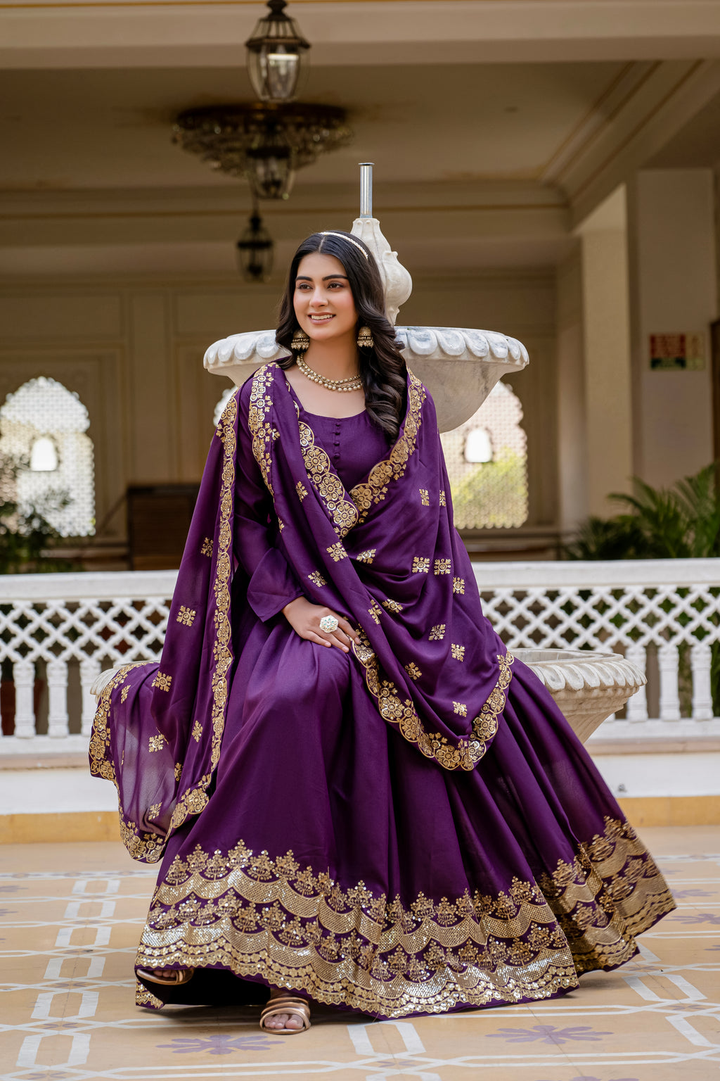 Wine Color Star Georgette Sequins Embroidered Gown with Dupatta