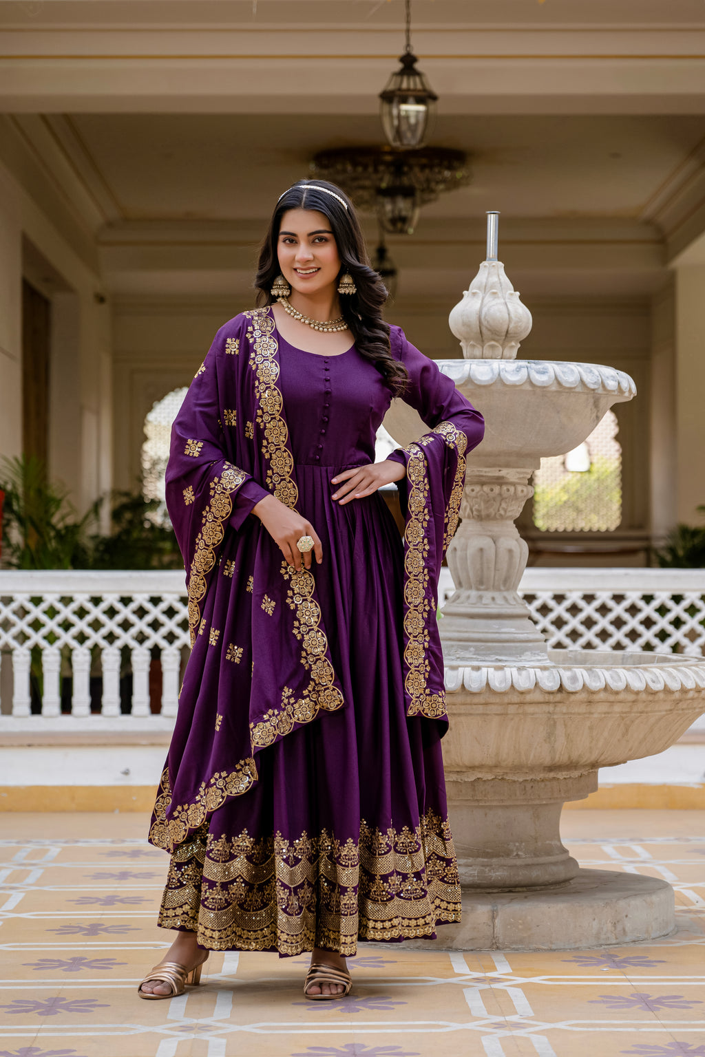 Wine Color Star Georgette Sequins Embroidered Gown with Dupatta