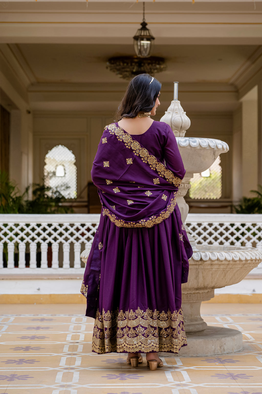 Wine Color Star Georgette Sequins Embroidered Gown with Dupatta