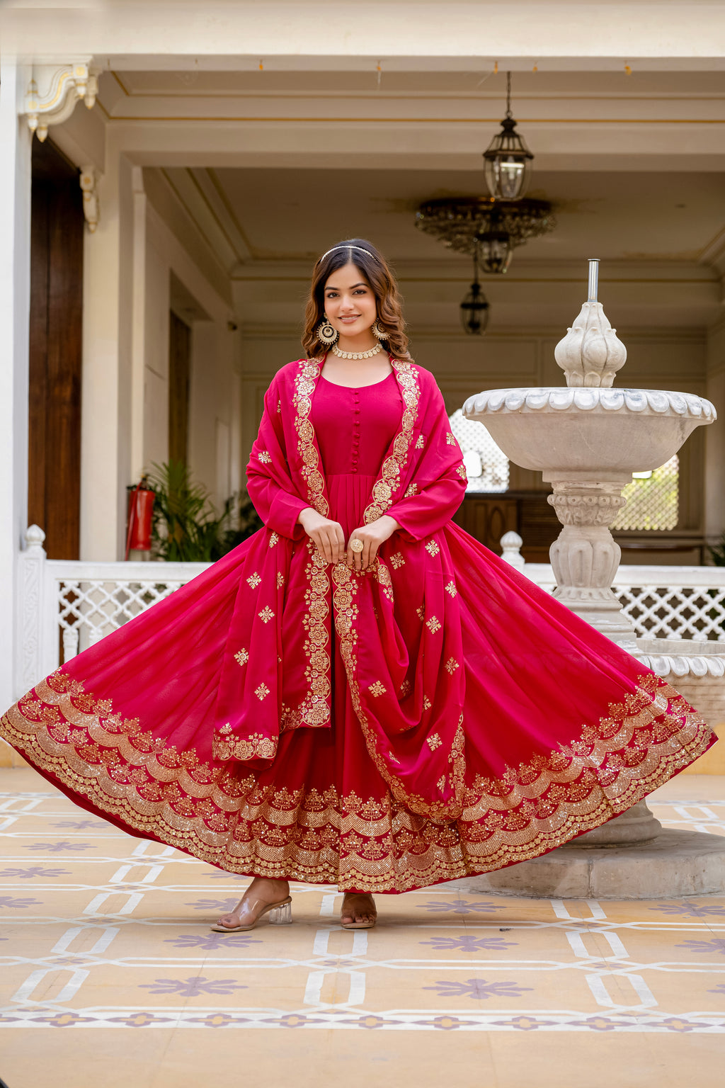 Pink Color Star Georgette Sequins Embroidered Gown with Dupatta