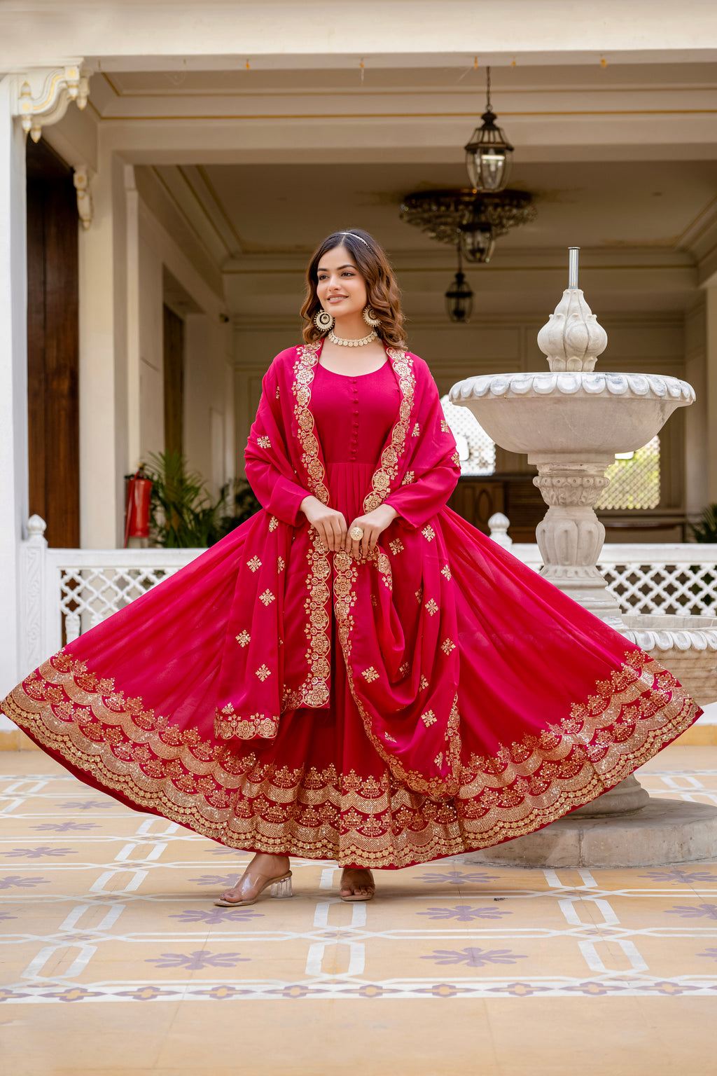 Pink Color Star Georgette Sequins Embroidered Gown with Dupatta