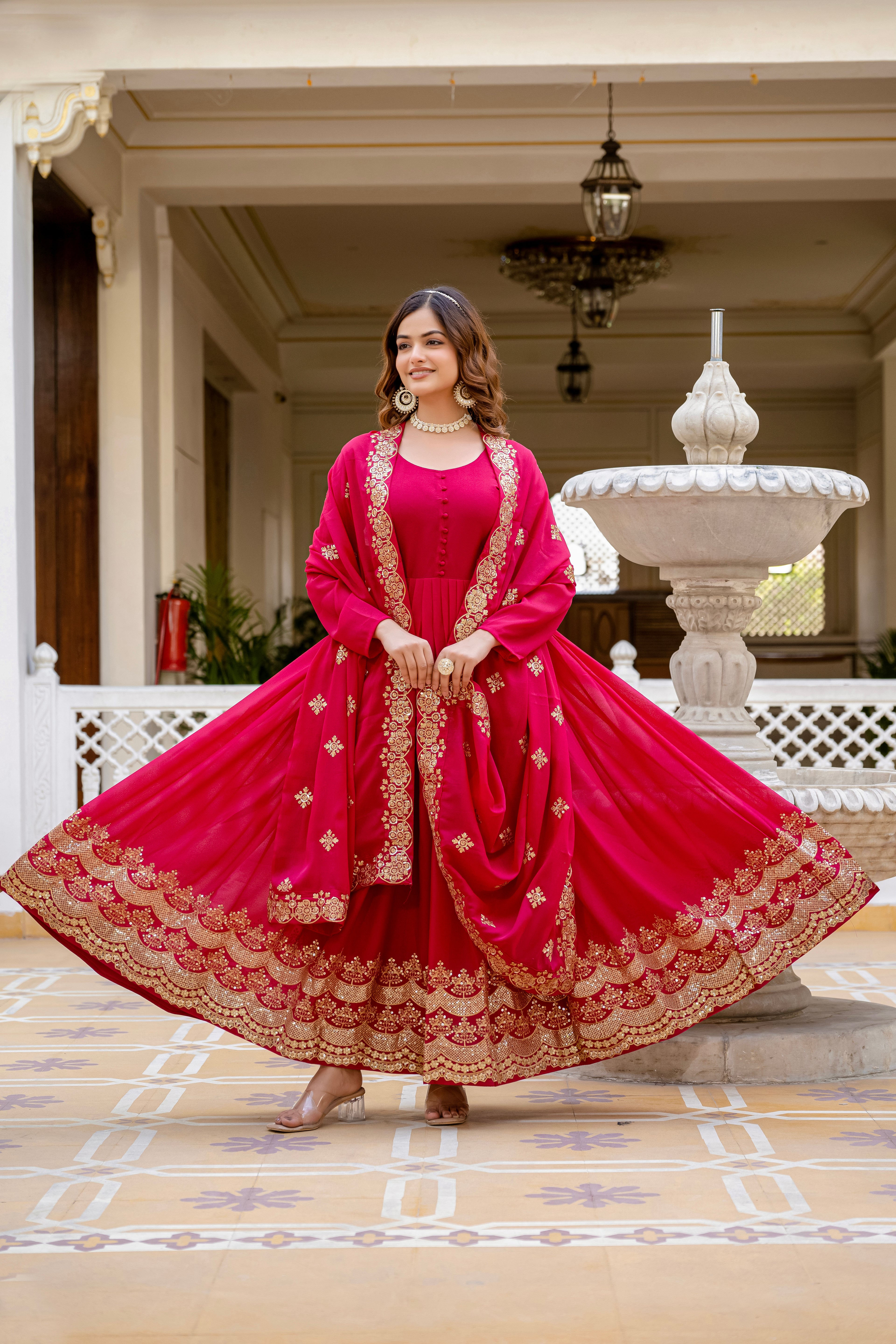 Pink Color Star Georgette Sequins Embroidered Gown with Dupatta