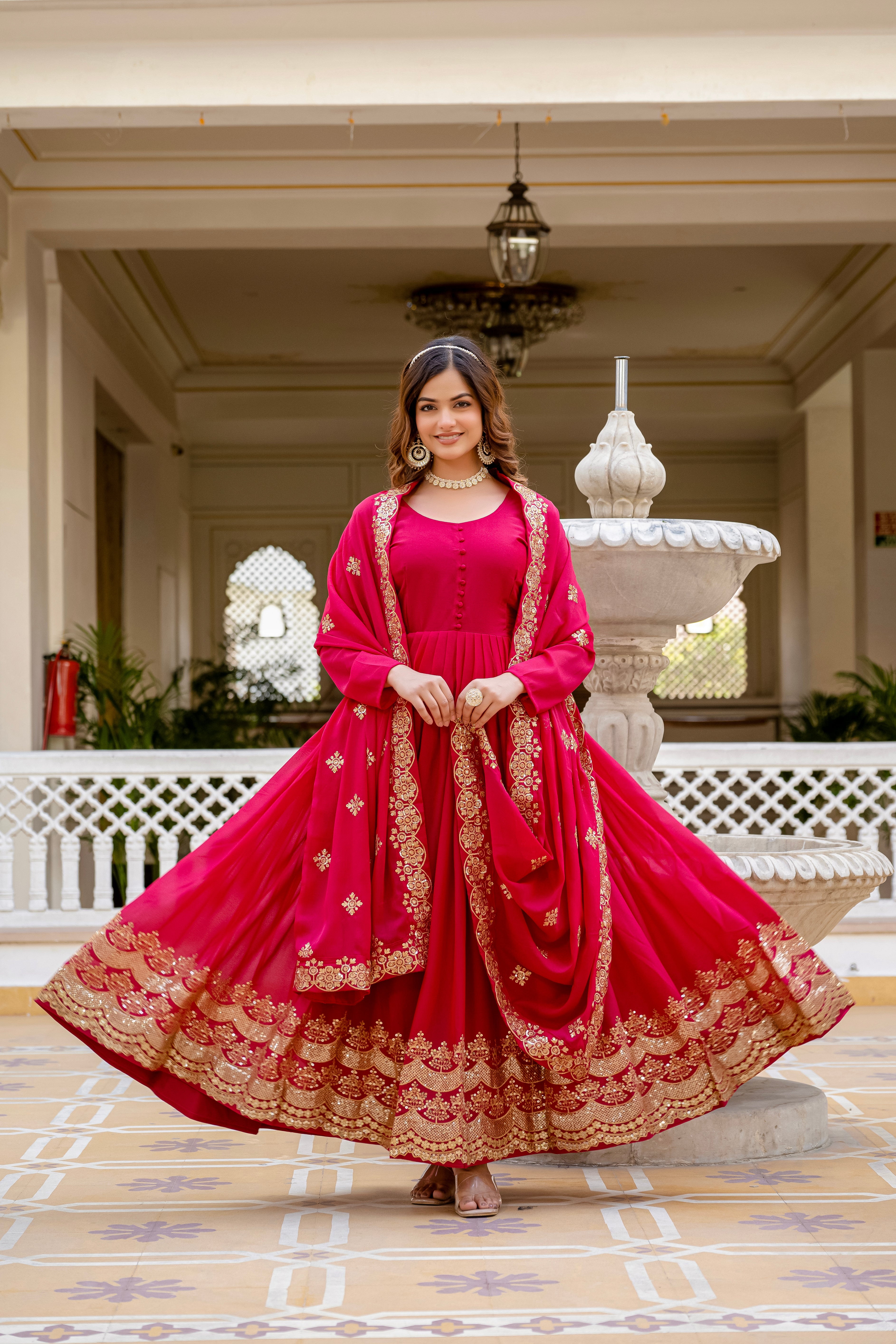 Pink Color Star Georgette Sequins Embroidered Gown with Dupatta
