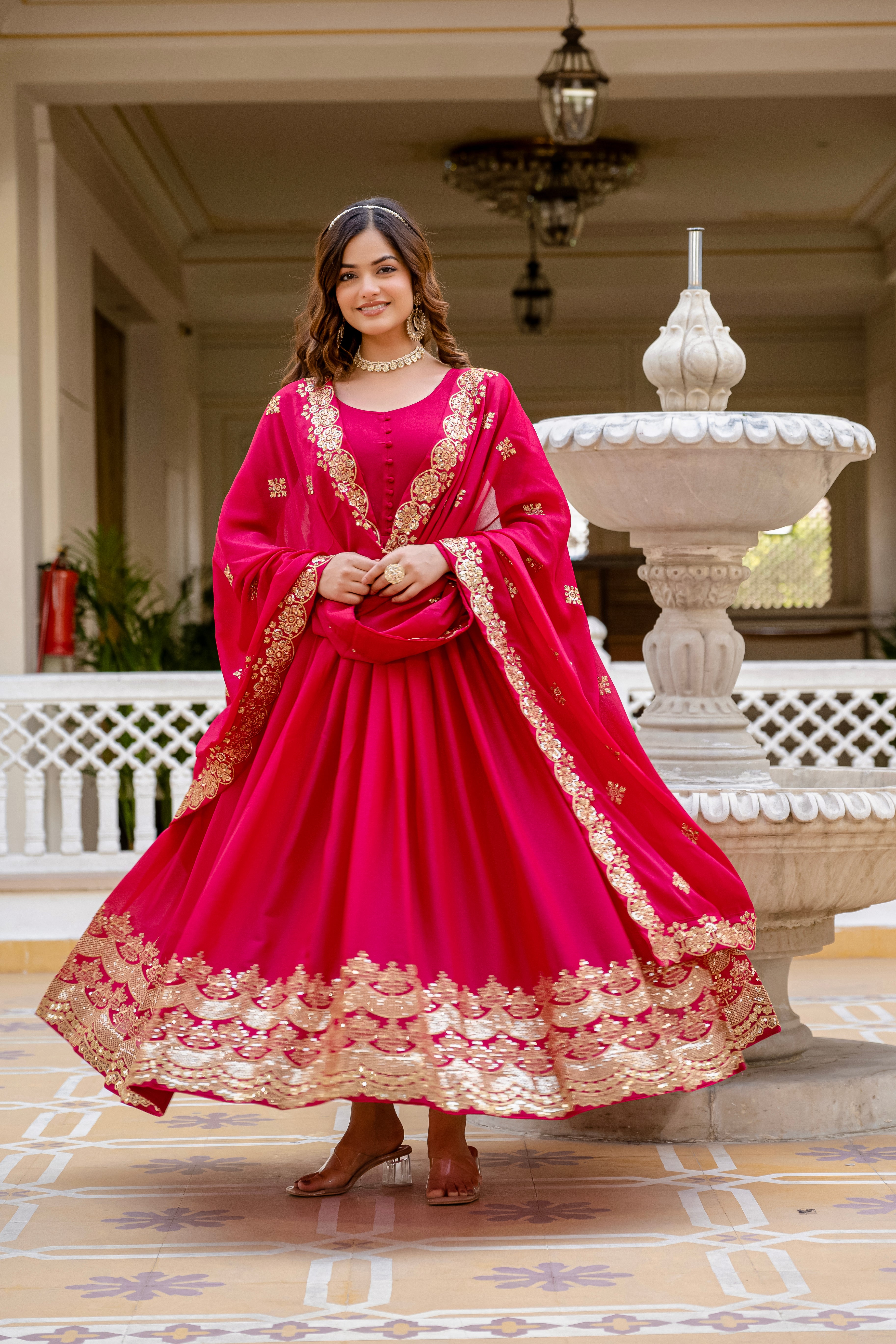 Pink Color Star Georgette Sequins Embroidered Gown with Dupatta