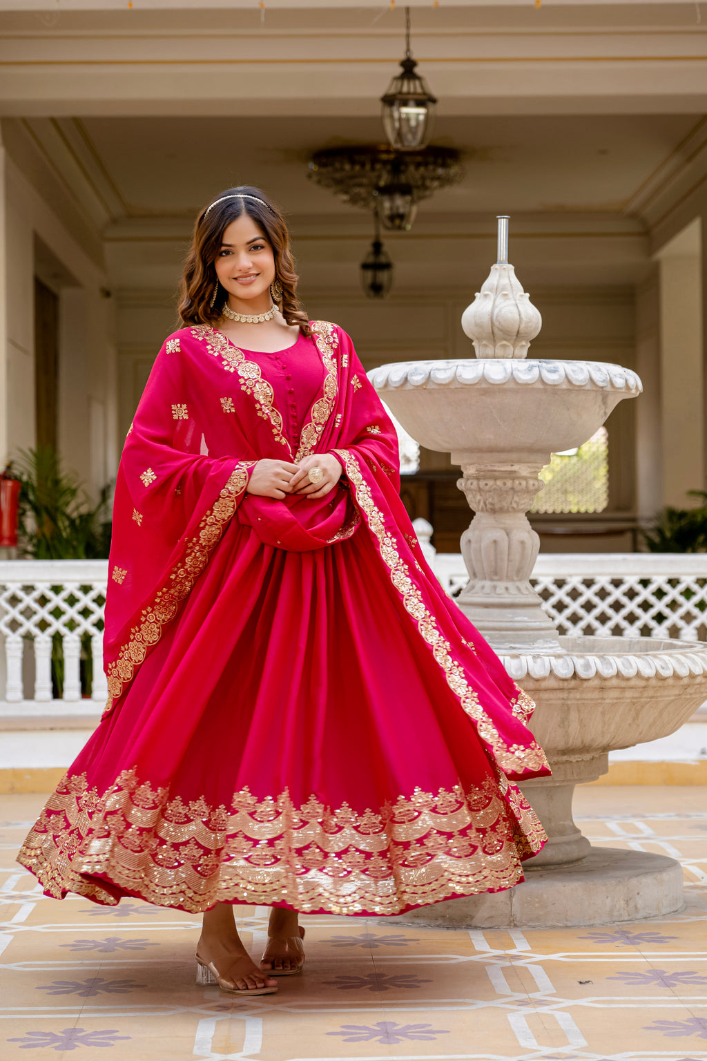 Pink Color Star Georgette Sequins Embroidered Gown with Dupatta