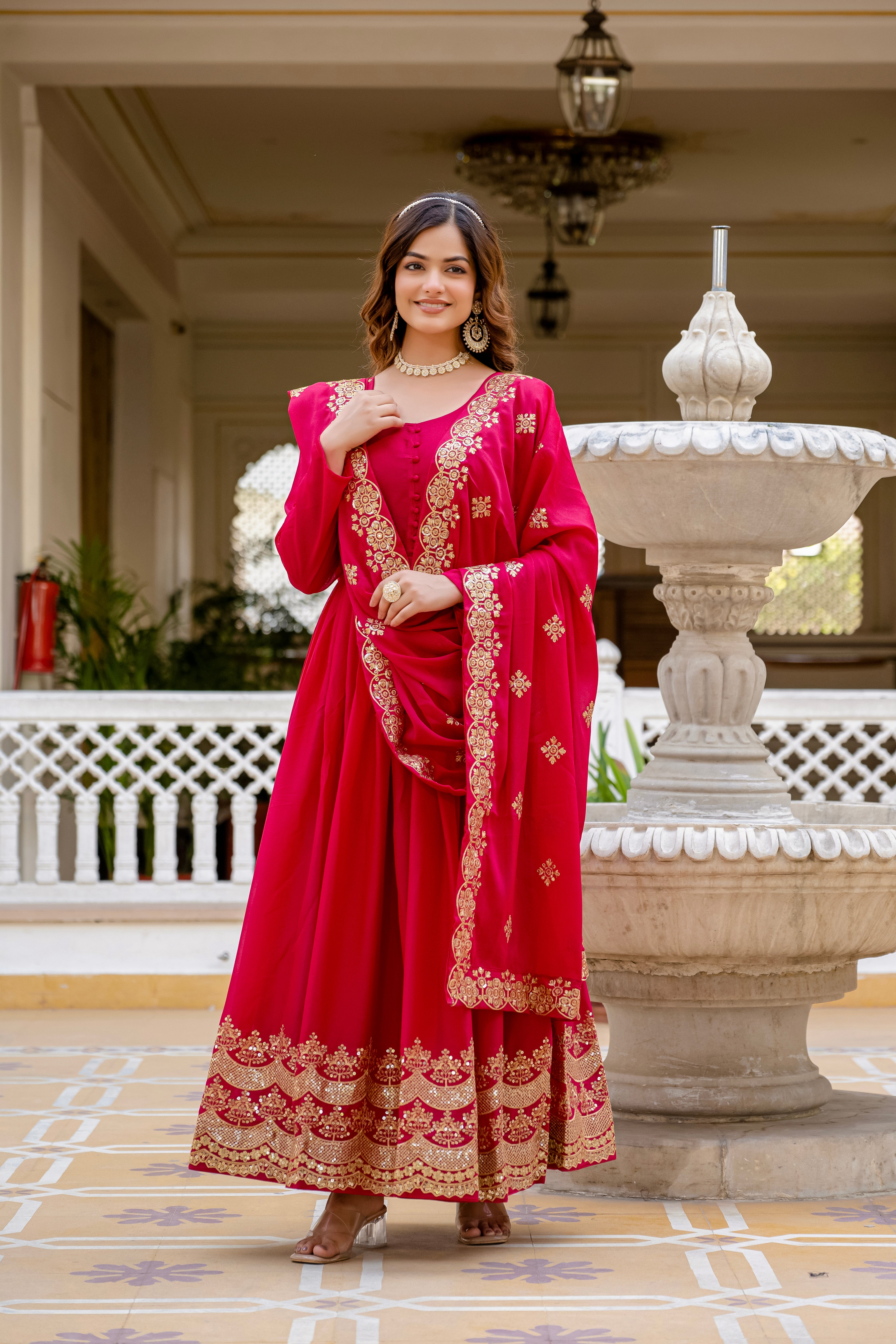 Pink Color Star Georgette Sequins Embroidered Gown with Dupatta