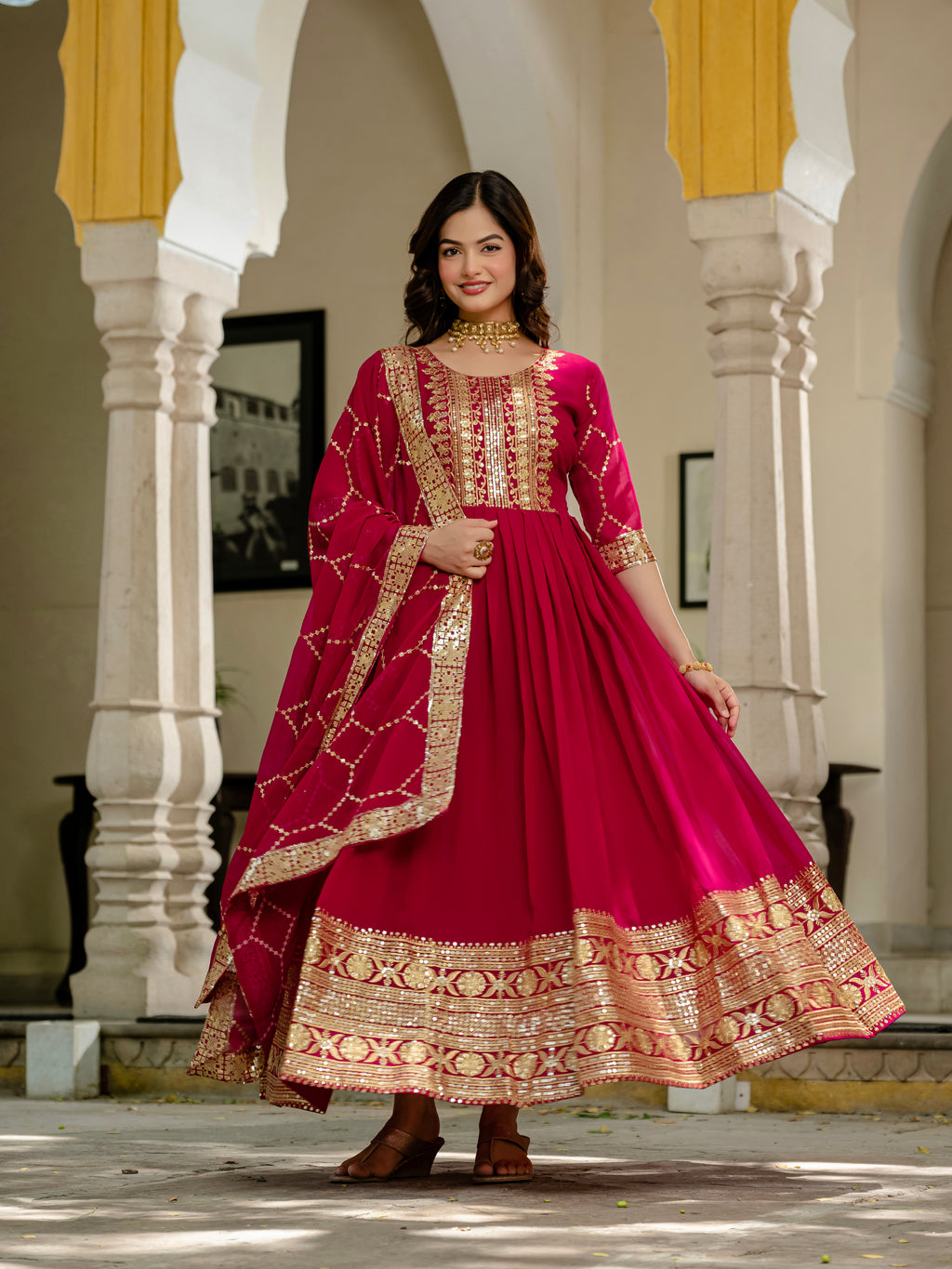 Pink Color Faux Blooming Sequins Embroidered Gown with Dupatta