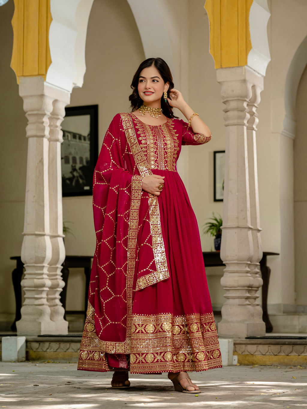 Pink Color Faux Blooming Sequins Embroidered Gown with Dupatta