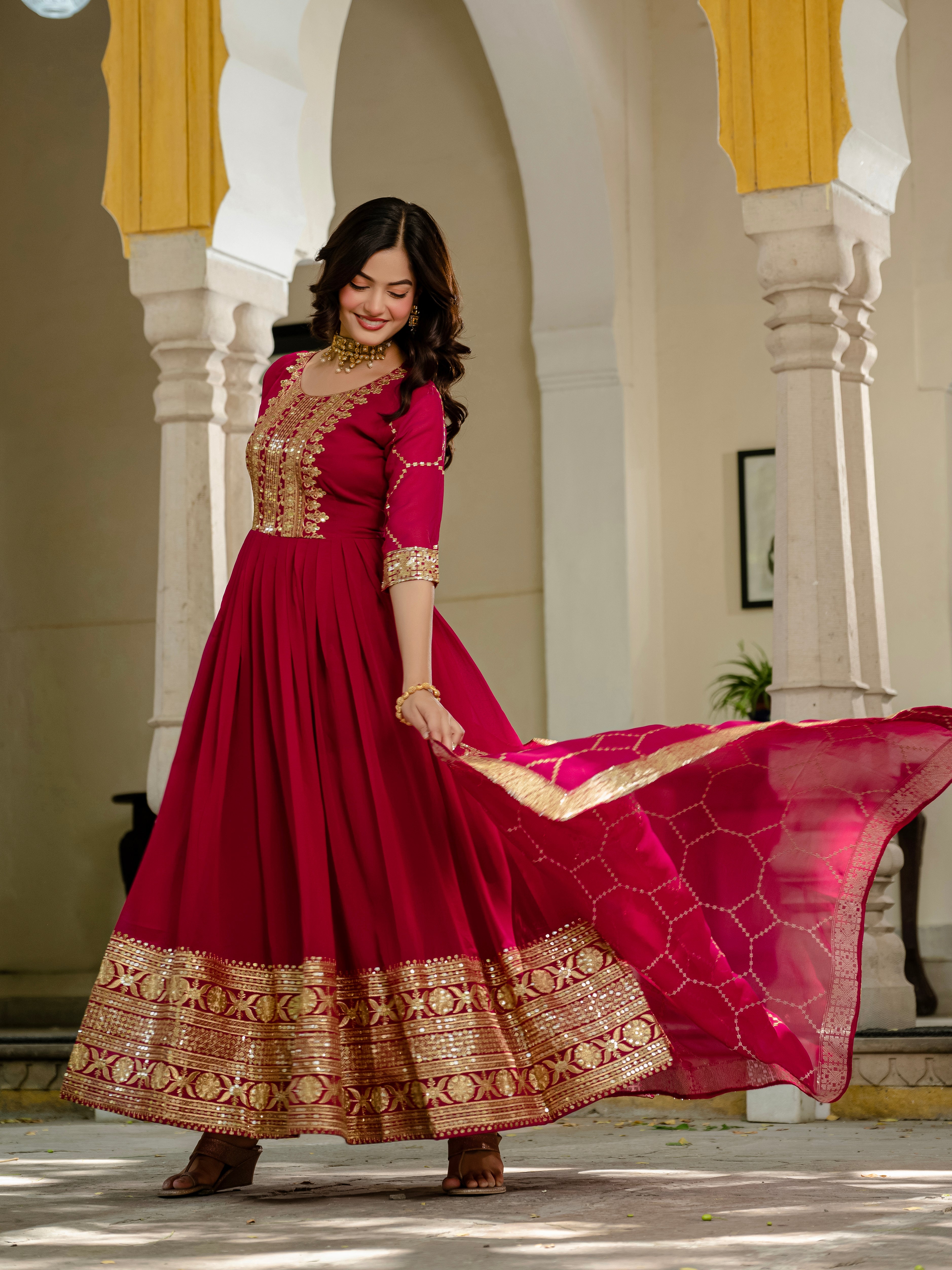 Pink Color Faux Blooming Sequins Embroidered Gown with Dupatta