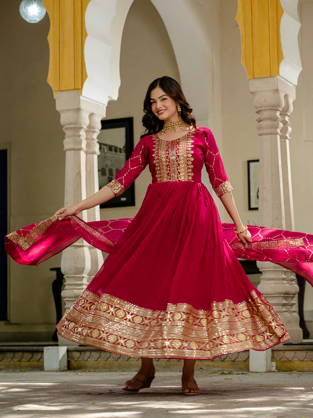 Pink Color Faux Blooming Sequins Embroidered Gown with Dupatta