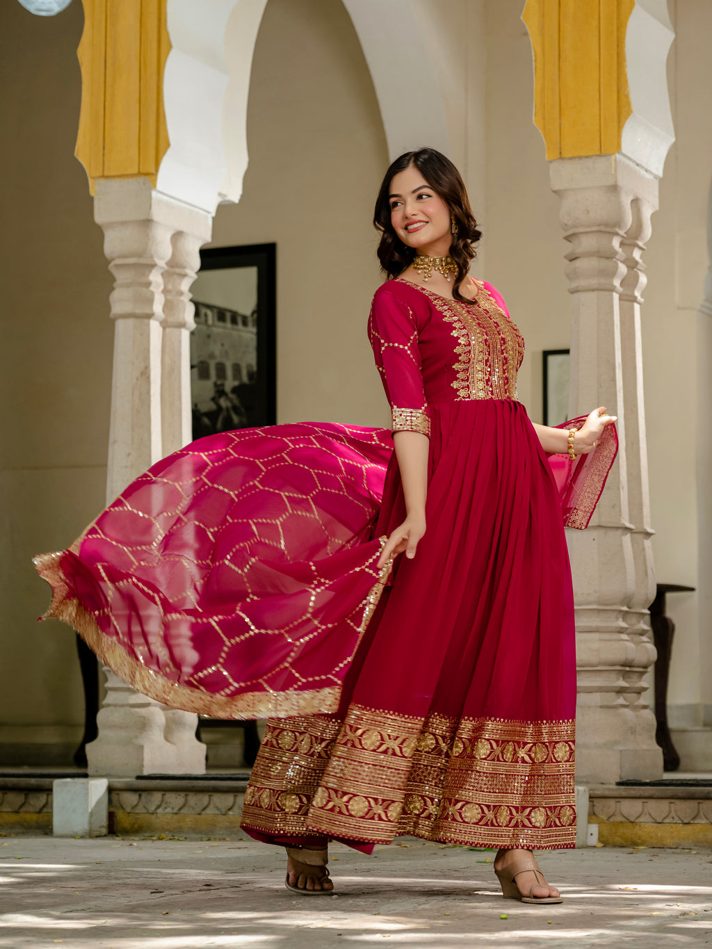 Pink Color Faux Blooming Sequins Embroidered Gown with Dupatta