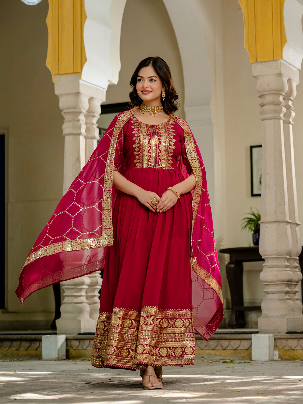 Pink Color Faux Blooming Sequins Embroidered Gown with Dupatta