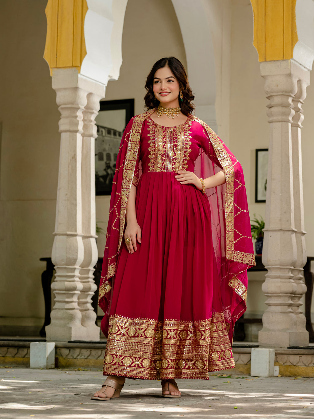 Pink Color Faux Blooming Sequins Embroidered Gown with Dupatta