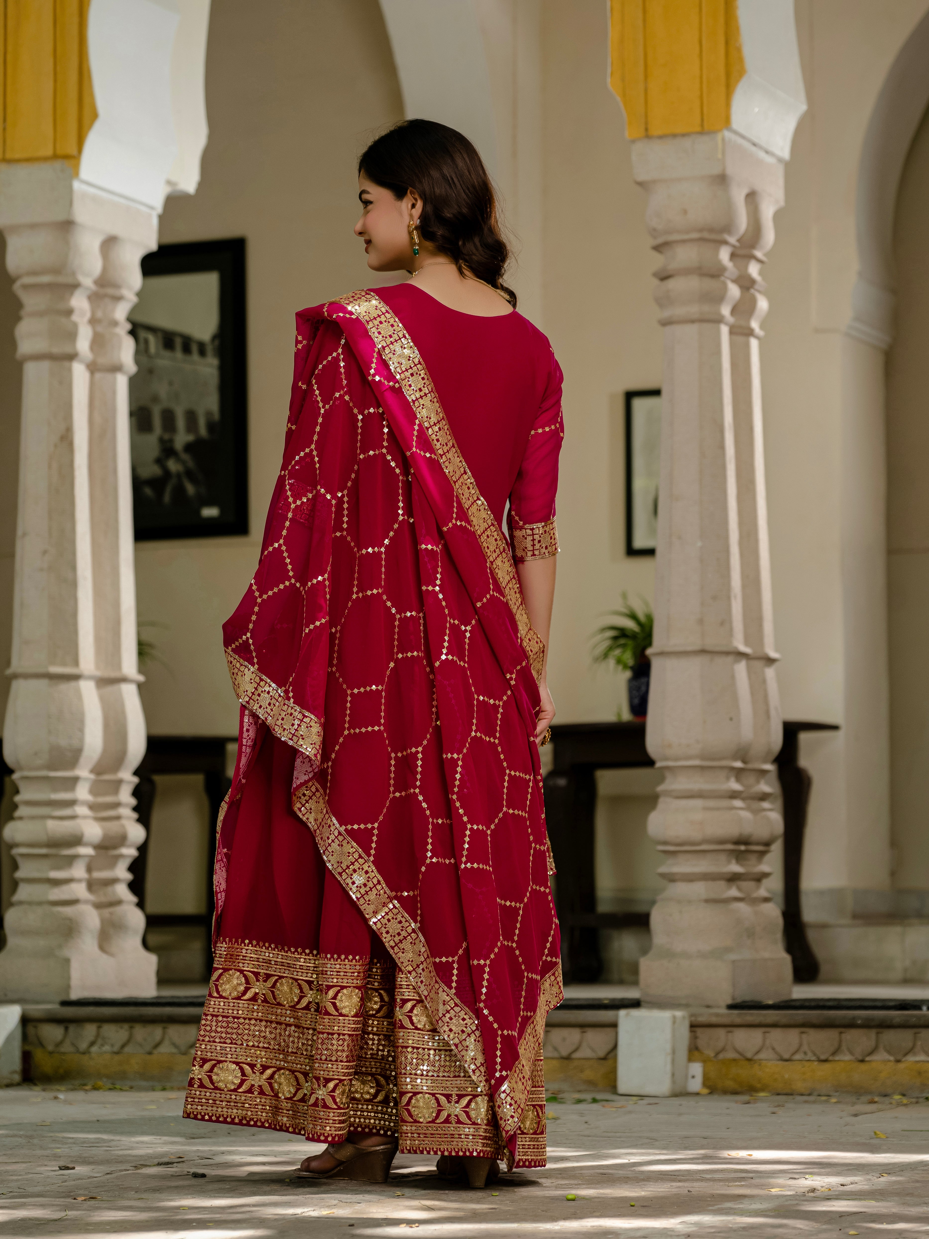 Pink Color Faux Blooming Sequins Embroidered Gown with Dupatta