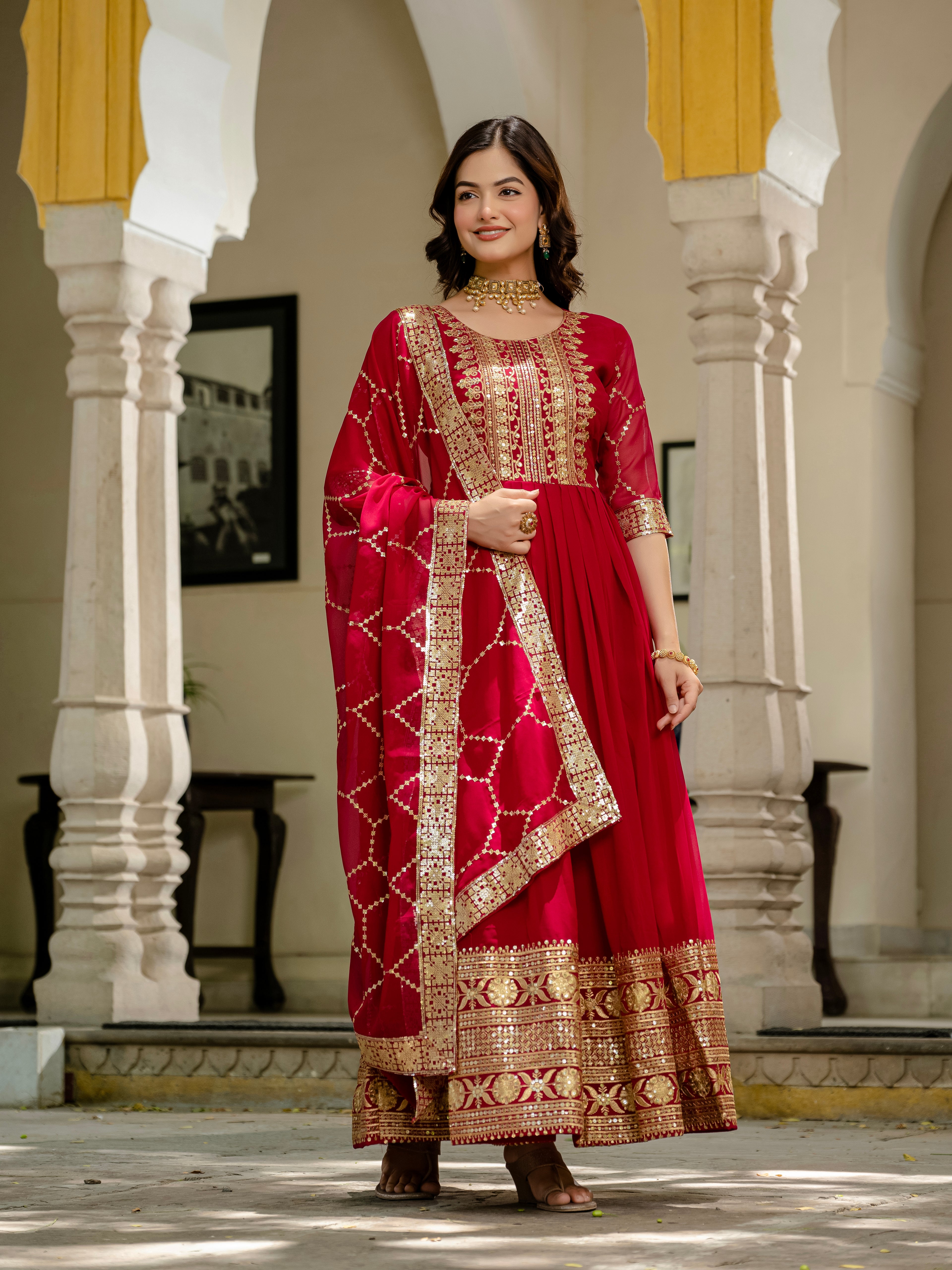 Pink Color Faux Blooming Sequins Embroidered Gown with Dupatta