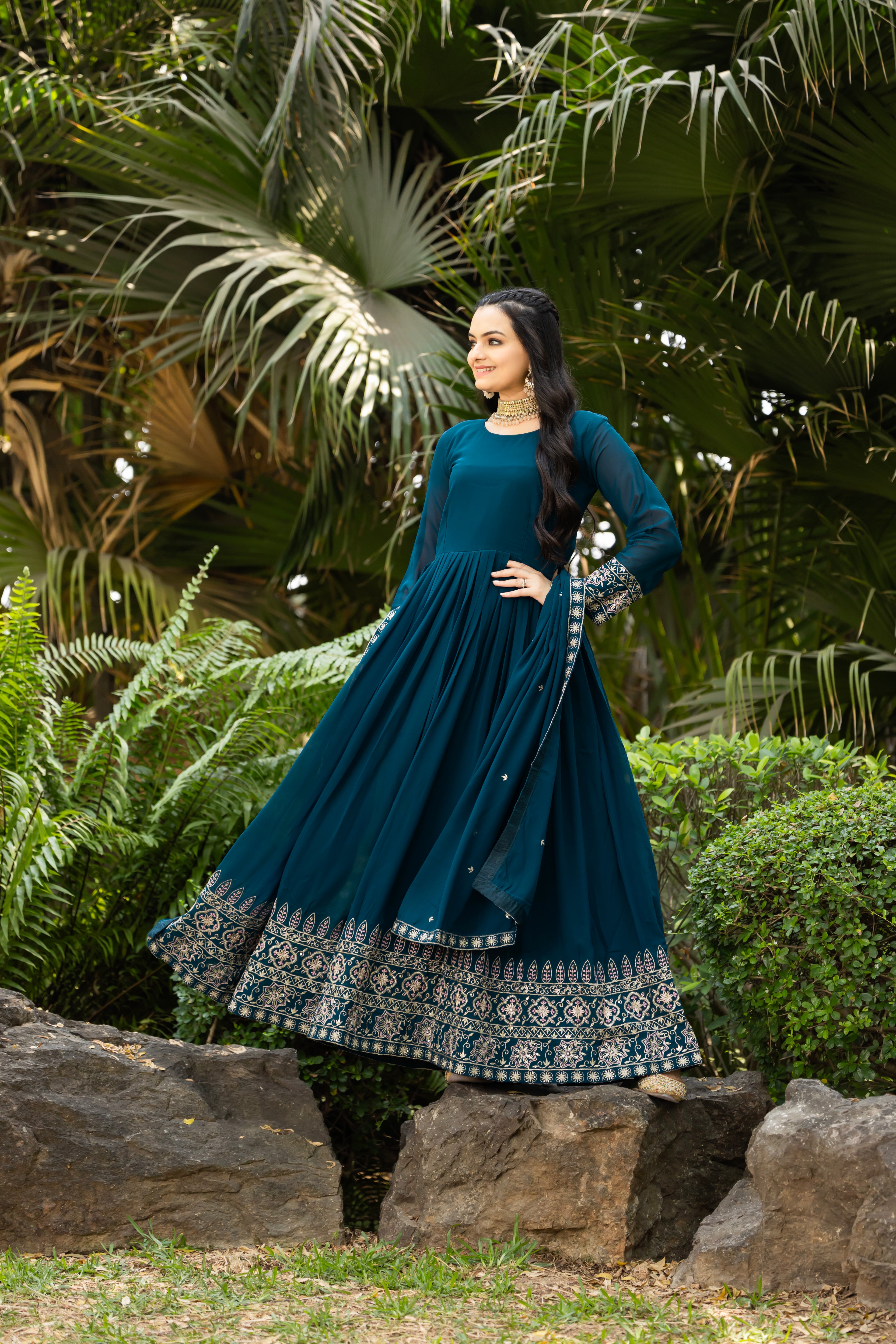 Teal Blue Color Faux Blooming Sequins Embroidered Gown with Dupatta