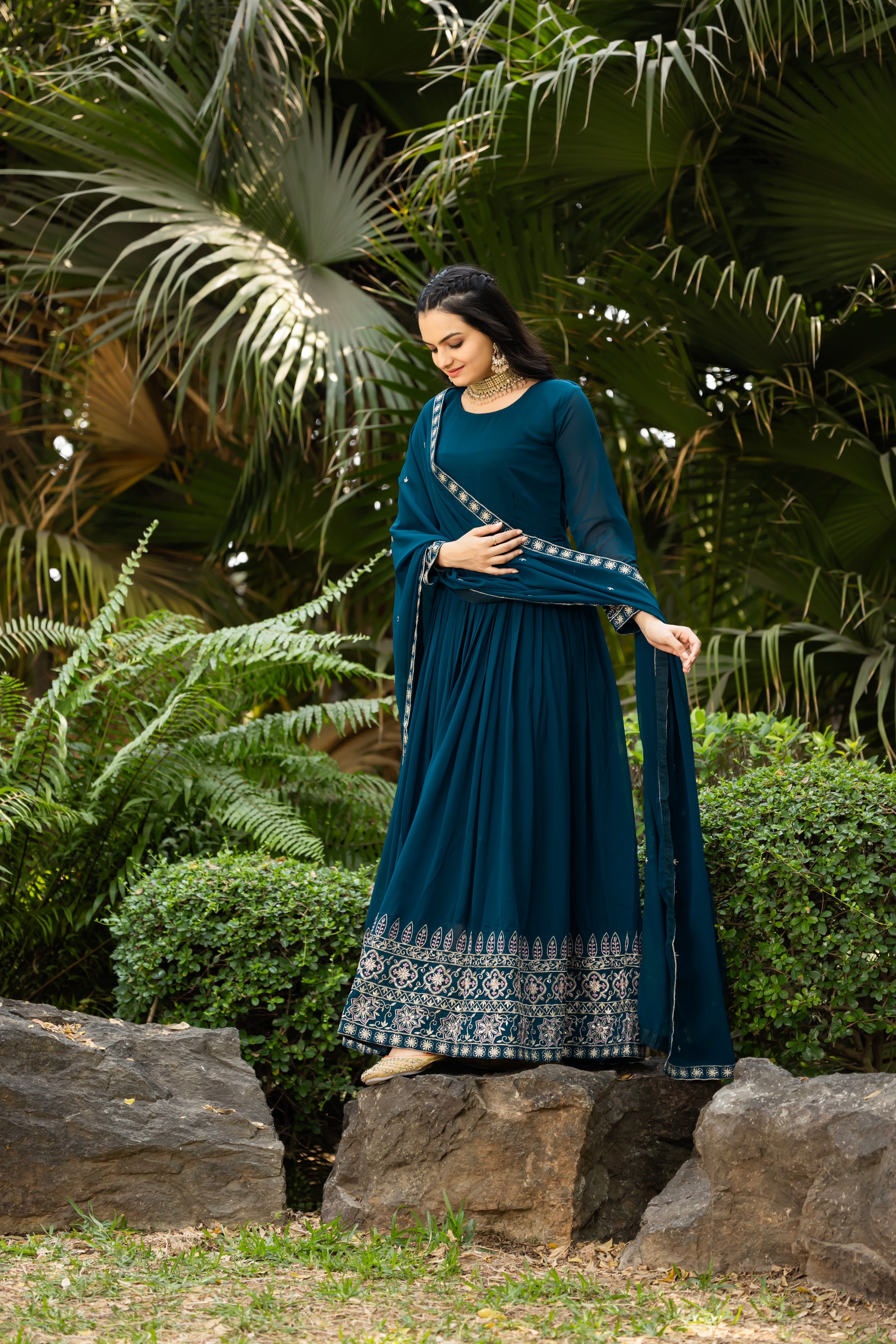 Teal Blue Color Faux Blooming Sequins Embroidered Gown with Dupatta