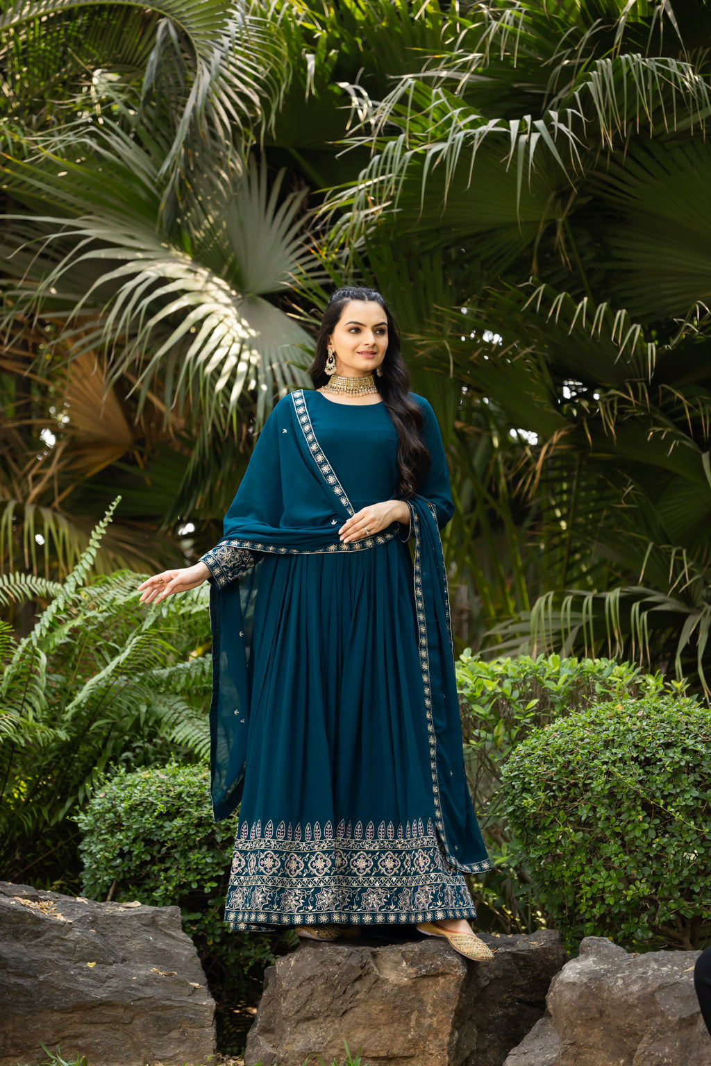 Teal Blue Color Faux Blooming Sequins Embroidered Gown with Dupatta