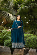 Teal Blue Color Faux Blooming Sequins Embroidered Gown with Dupatta
