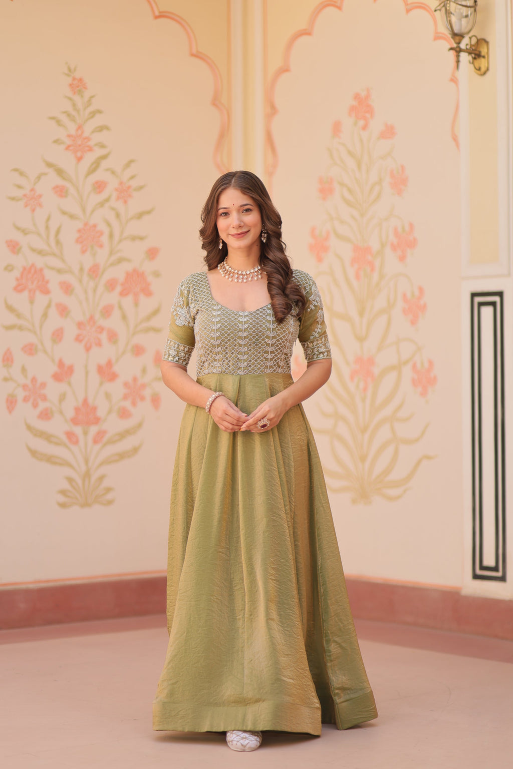 Vaibhavi Pista Green Silk Embroidered Gown