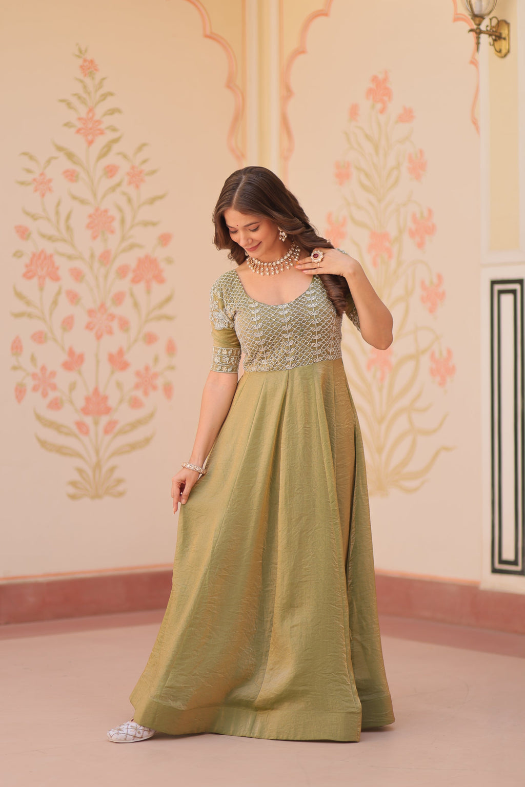 Vaibhavi Pista Green Silk Embroidered Gown