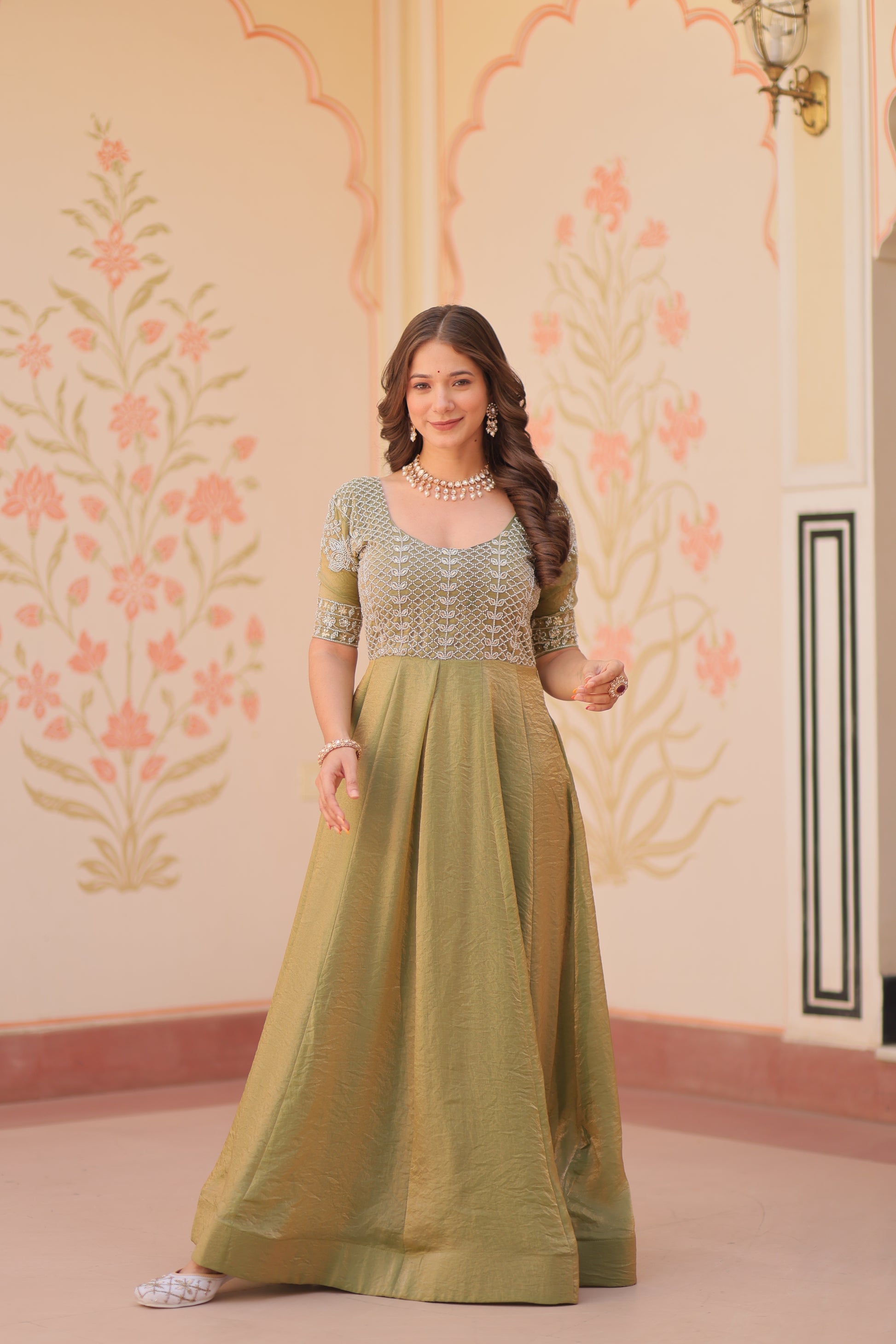 Vaibhavi Pista Green Silk Embroidered Gown