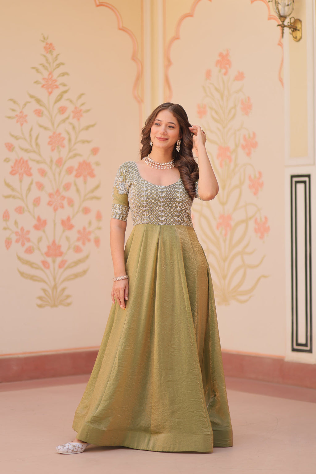 Vaibhavi Pista Green Silk Embroidered Gown
