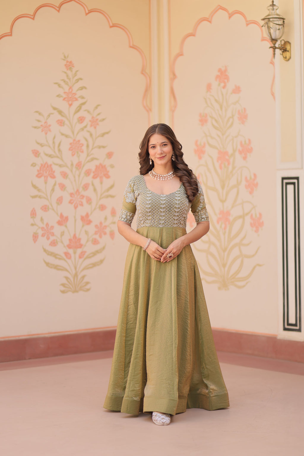 Vaibhavi Pista Green Silk Embroidered Gown