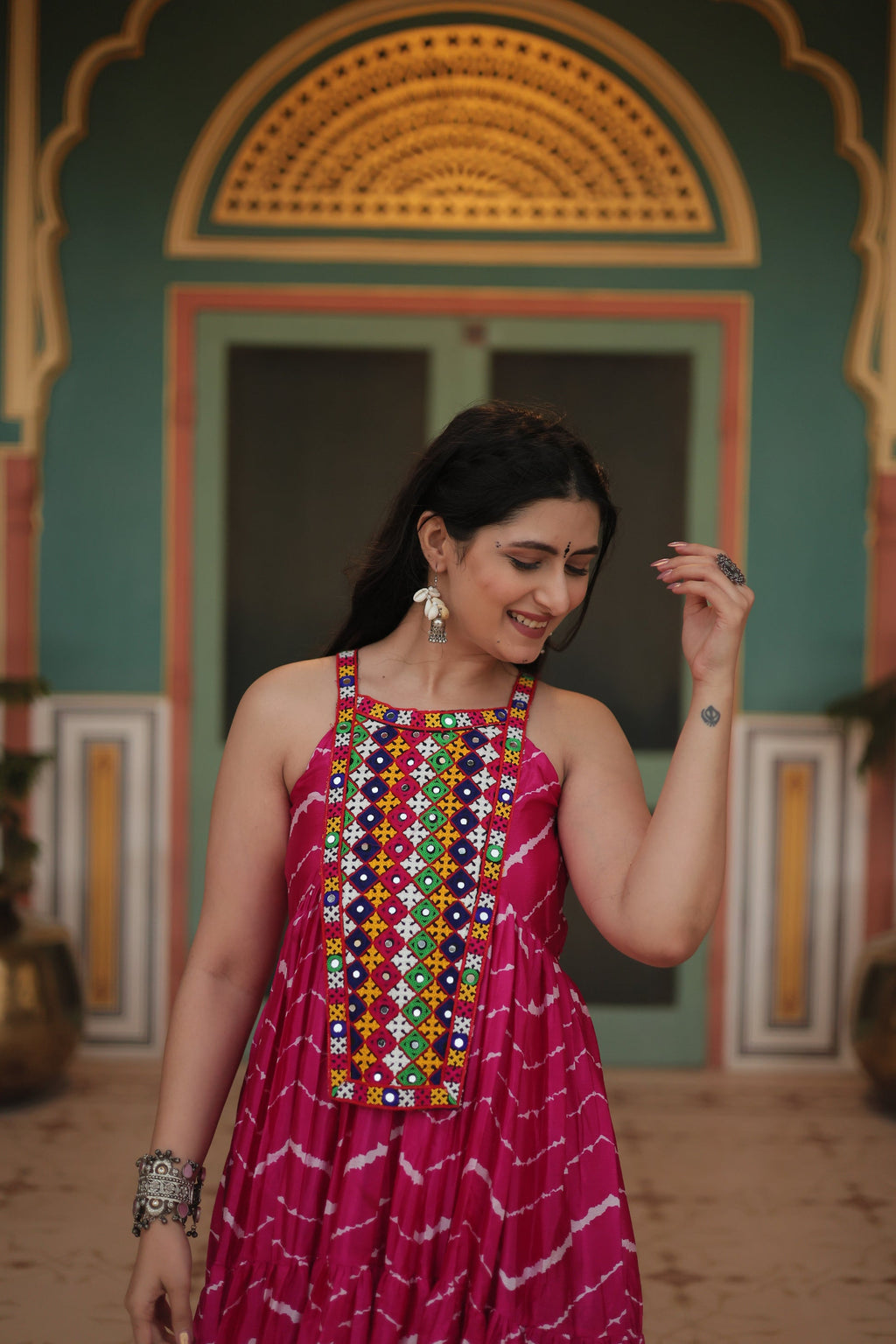 Pink leheriya print chinon Vandana designer sleeveless gown