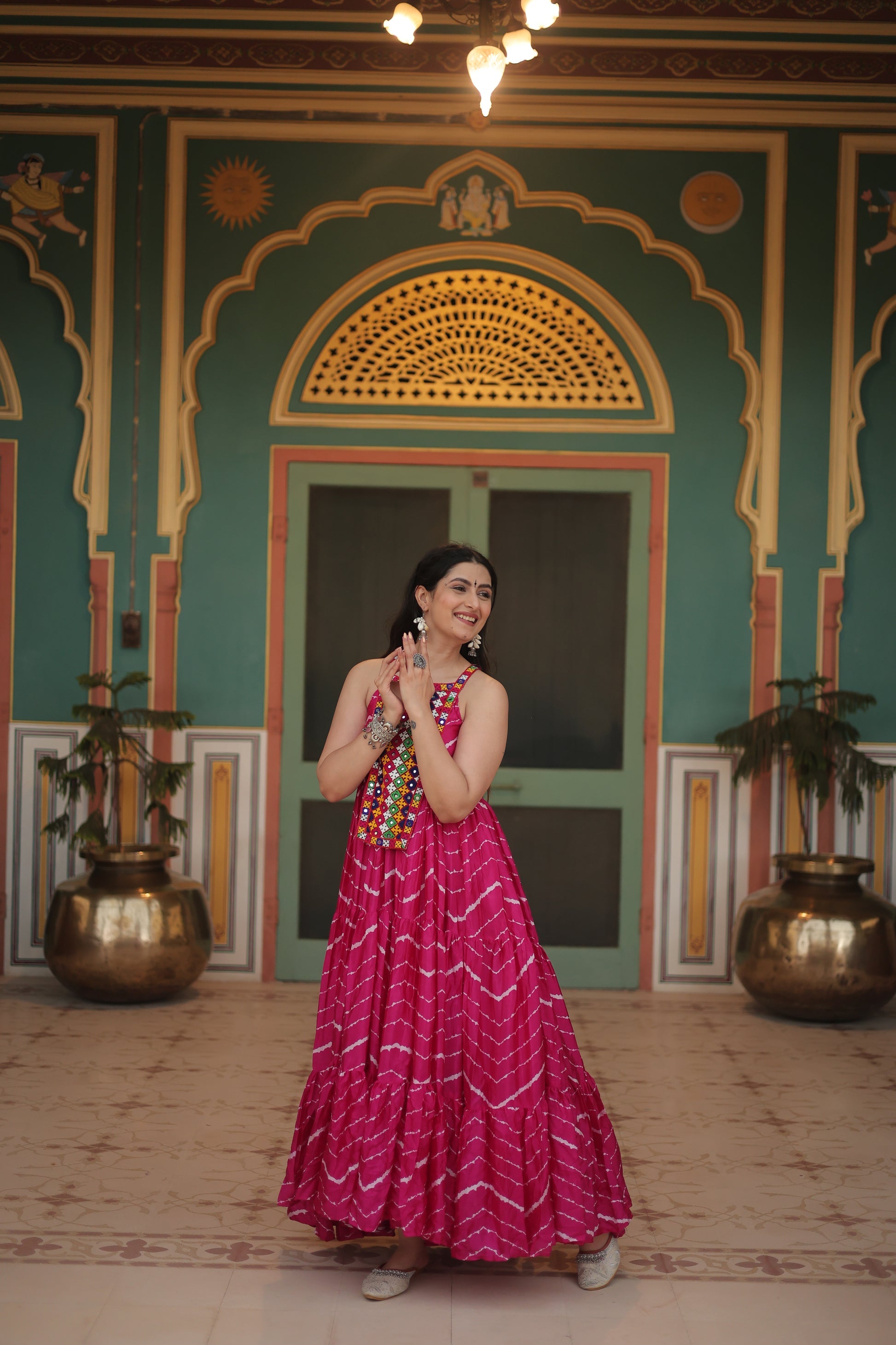Pink leheriya print chinon Vandana designer sleeveless gown