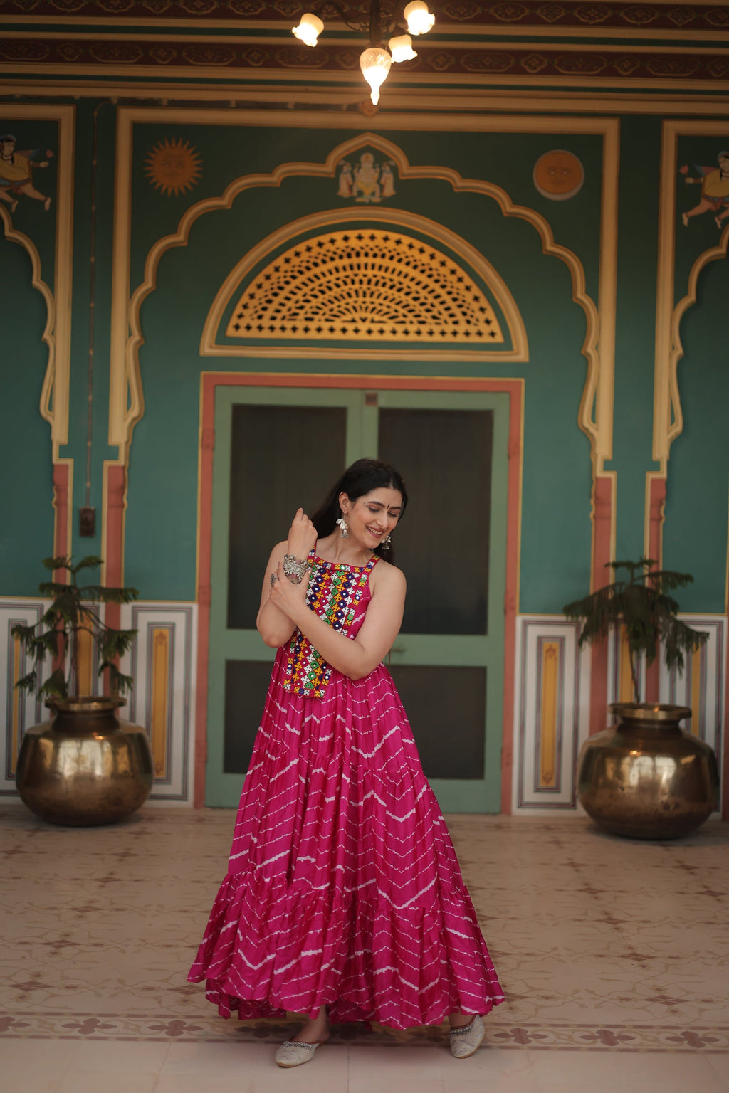 Pink leheriya print chinon Vandana designer sleeveless gown