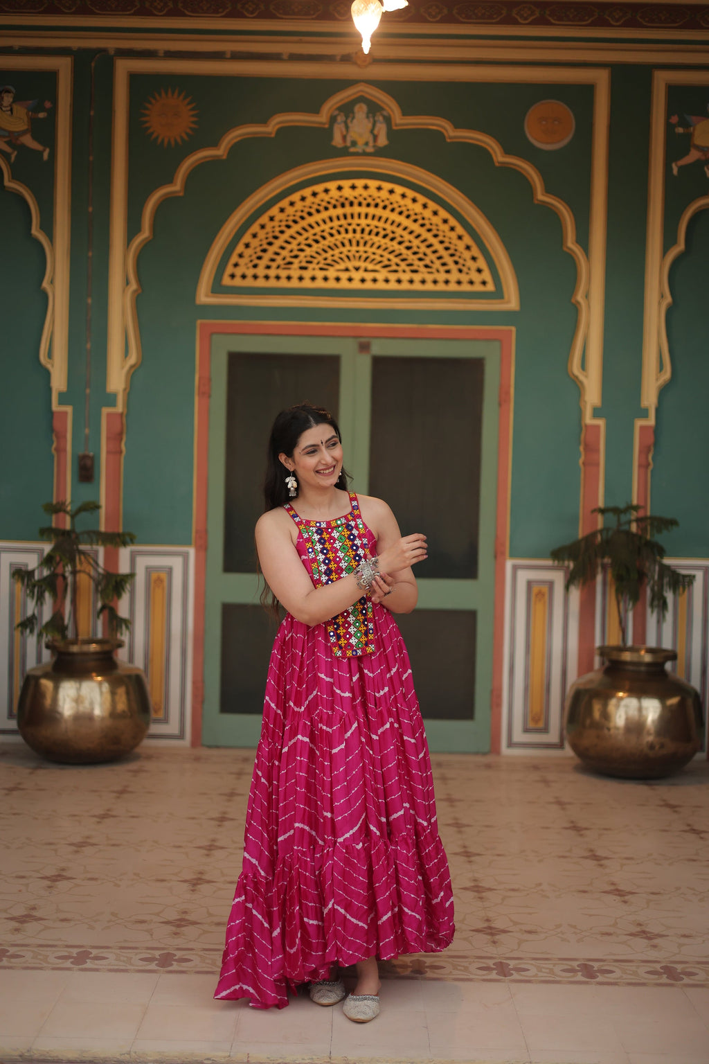 Pink leheriya print chinon Vandana designer sleeveless gown