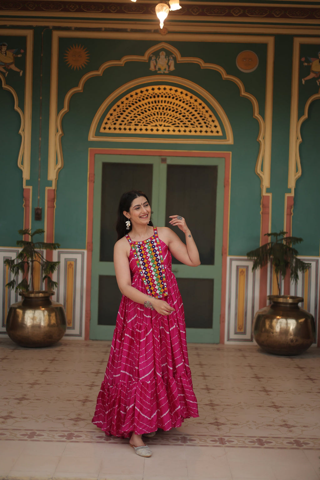 Pink leheriya print chinon Vandana designer sleeveless gown