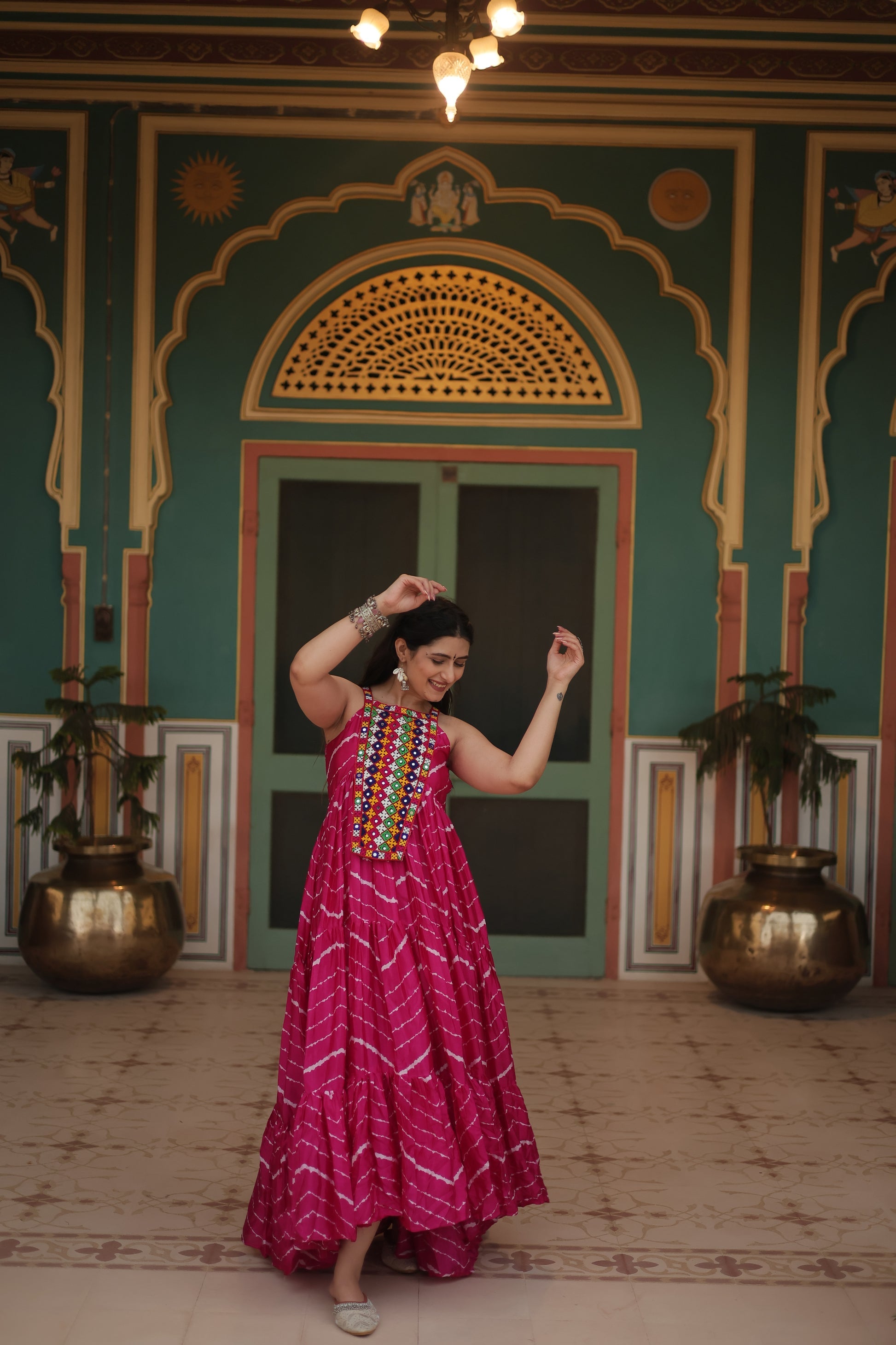 Pink leheriya print chinon Vandana designer sleeveless gown