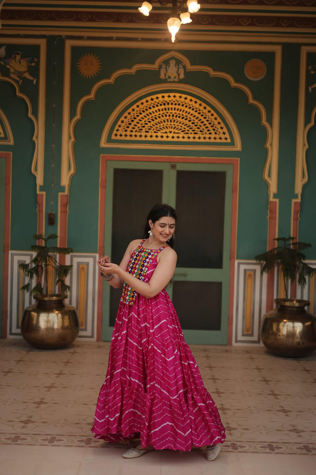 Pink leheriya print chinon Vandana designer sleeveless gown
