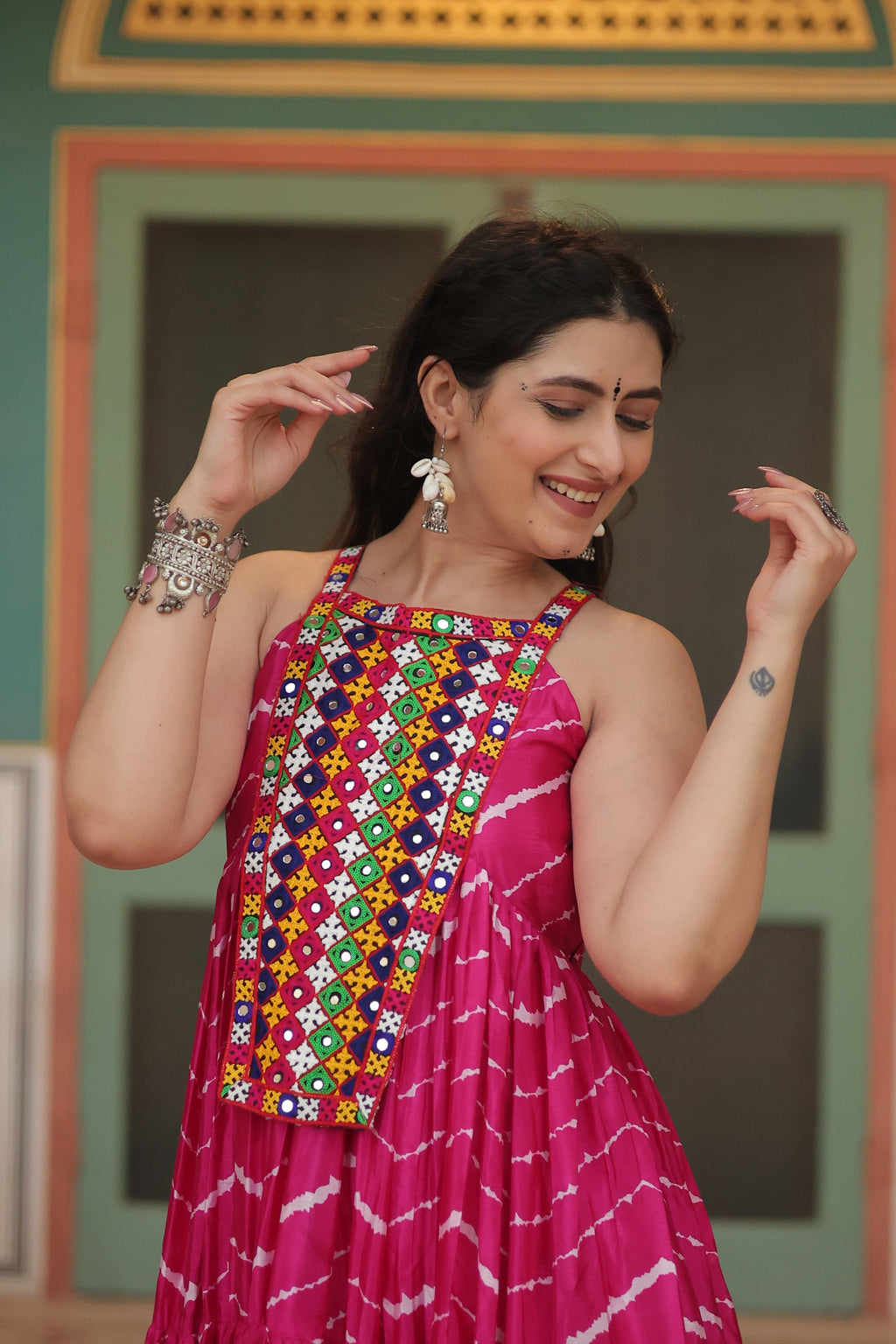 Pink leheriya print chinon Vandana designer sleeveless gown
