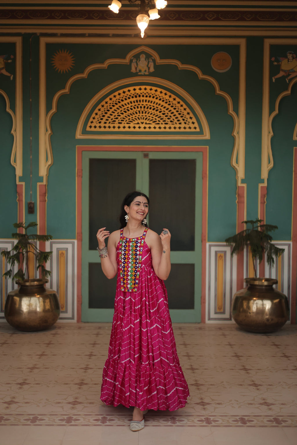 Pink leheriya print chinon Vandana designer sleeveless gown