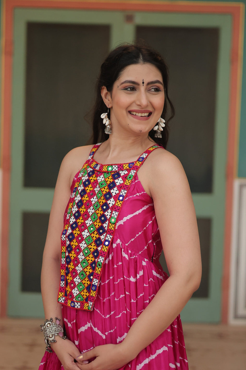 Pink leheriya print chinon Vandana designer sleeveless gown