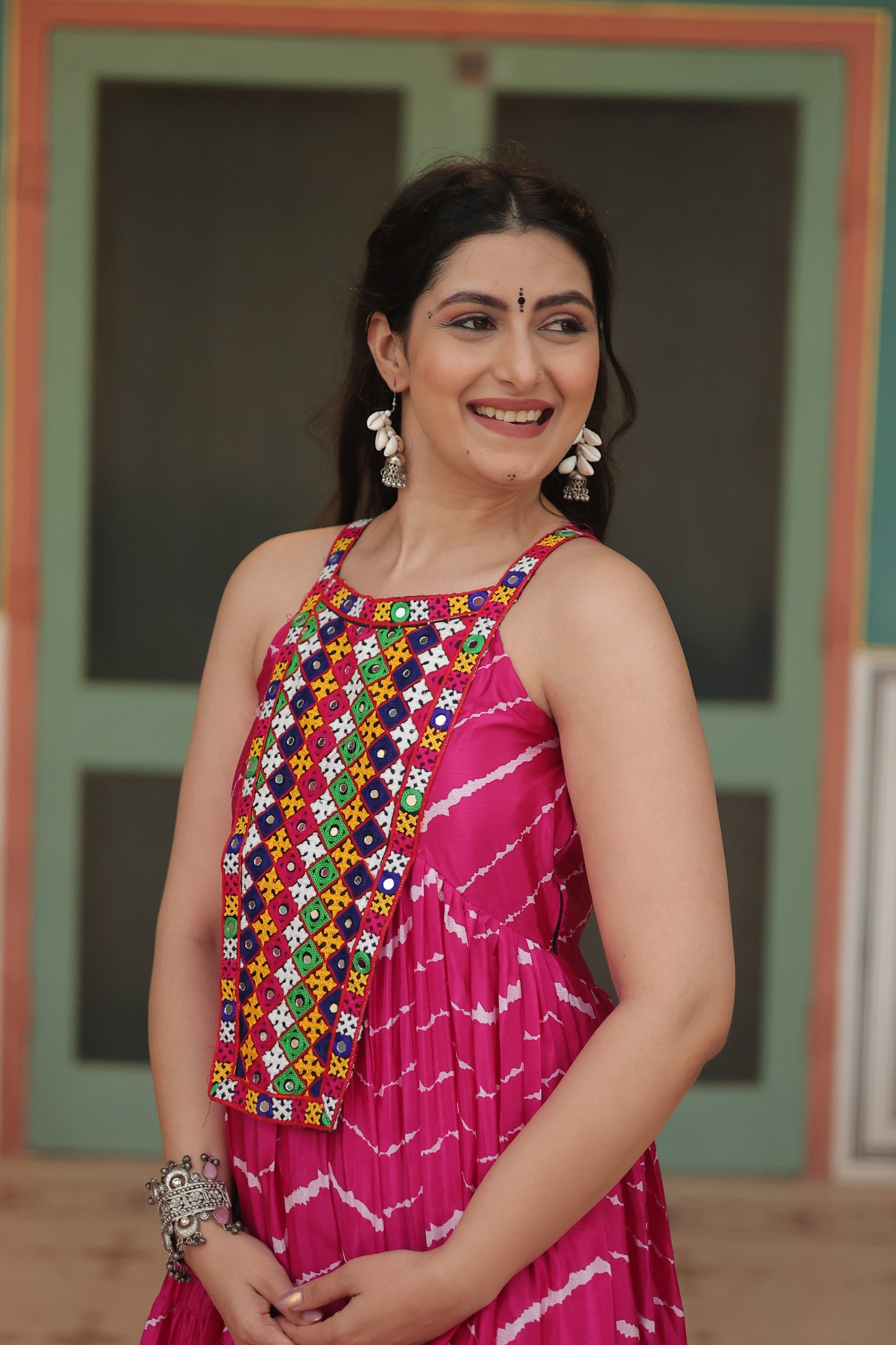 Pink leheriya print chinon Vandana designer sleeveless gown