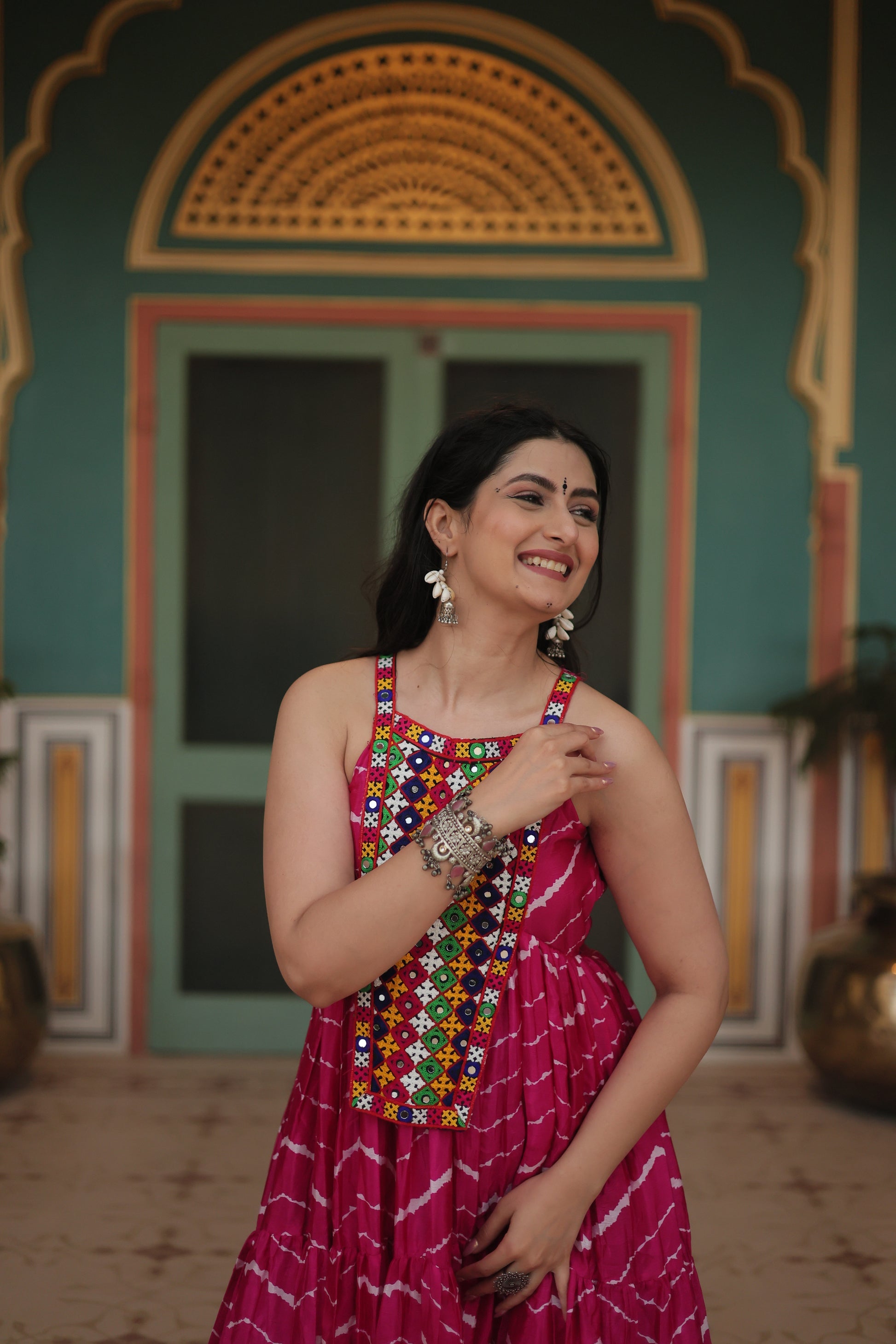 Pink leheriya print chinon Vandana designer sleeveless gown