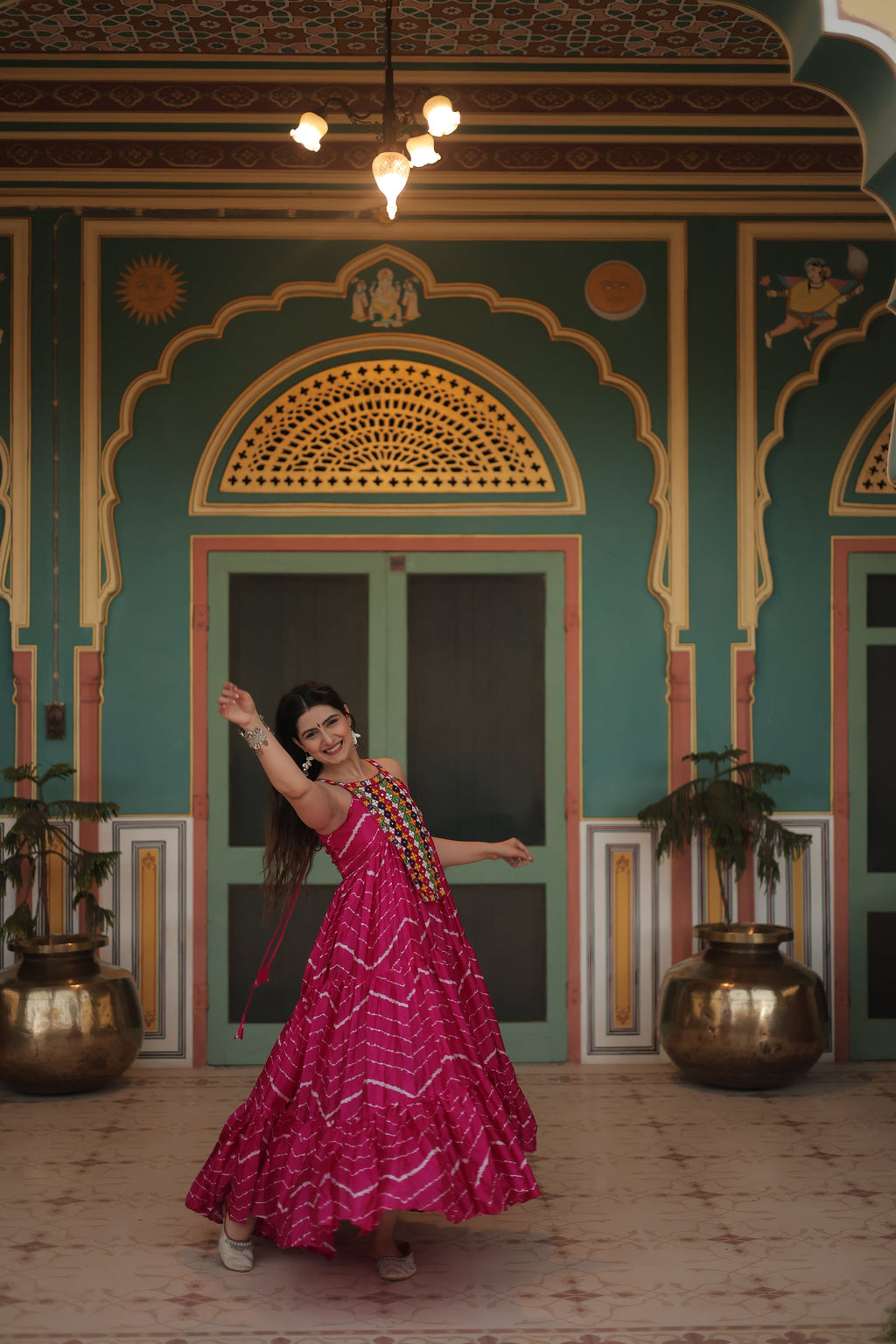 Pink leheriya print chinon Vandana designer sleeveless gown