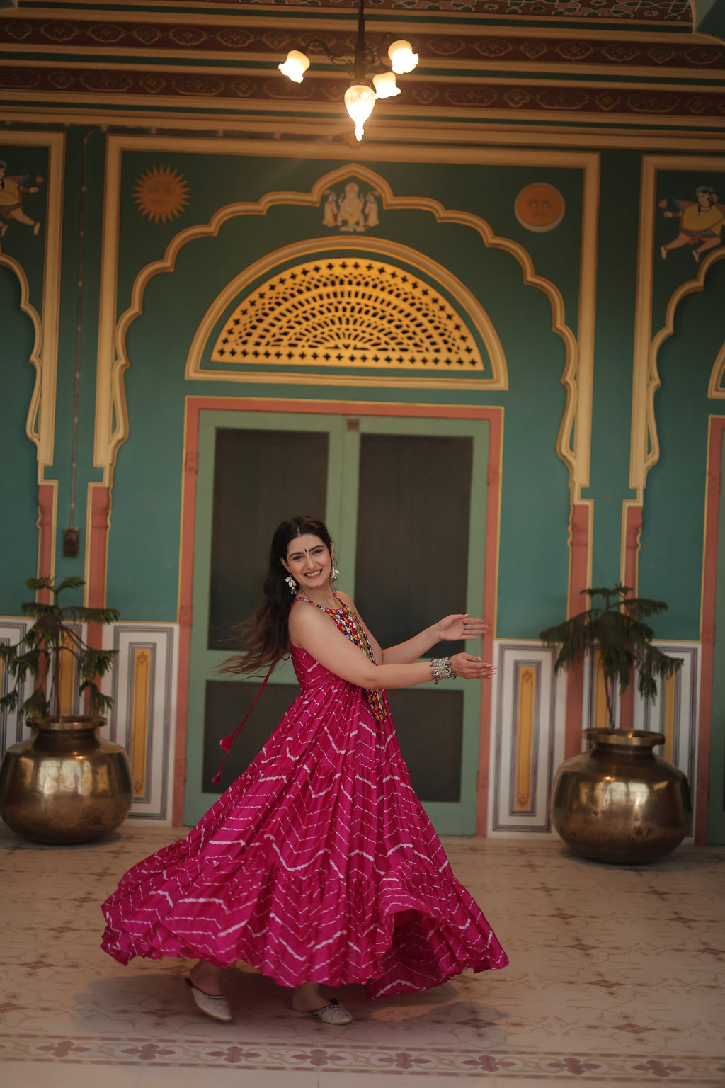Pink leheriya print chinon Vandana designer sleeveless gown