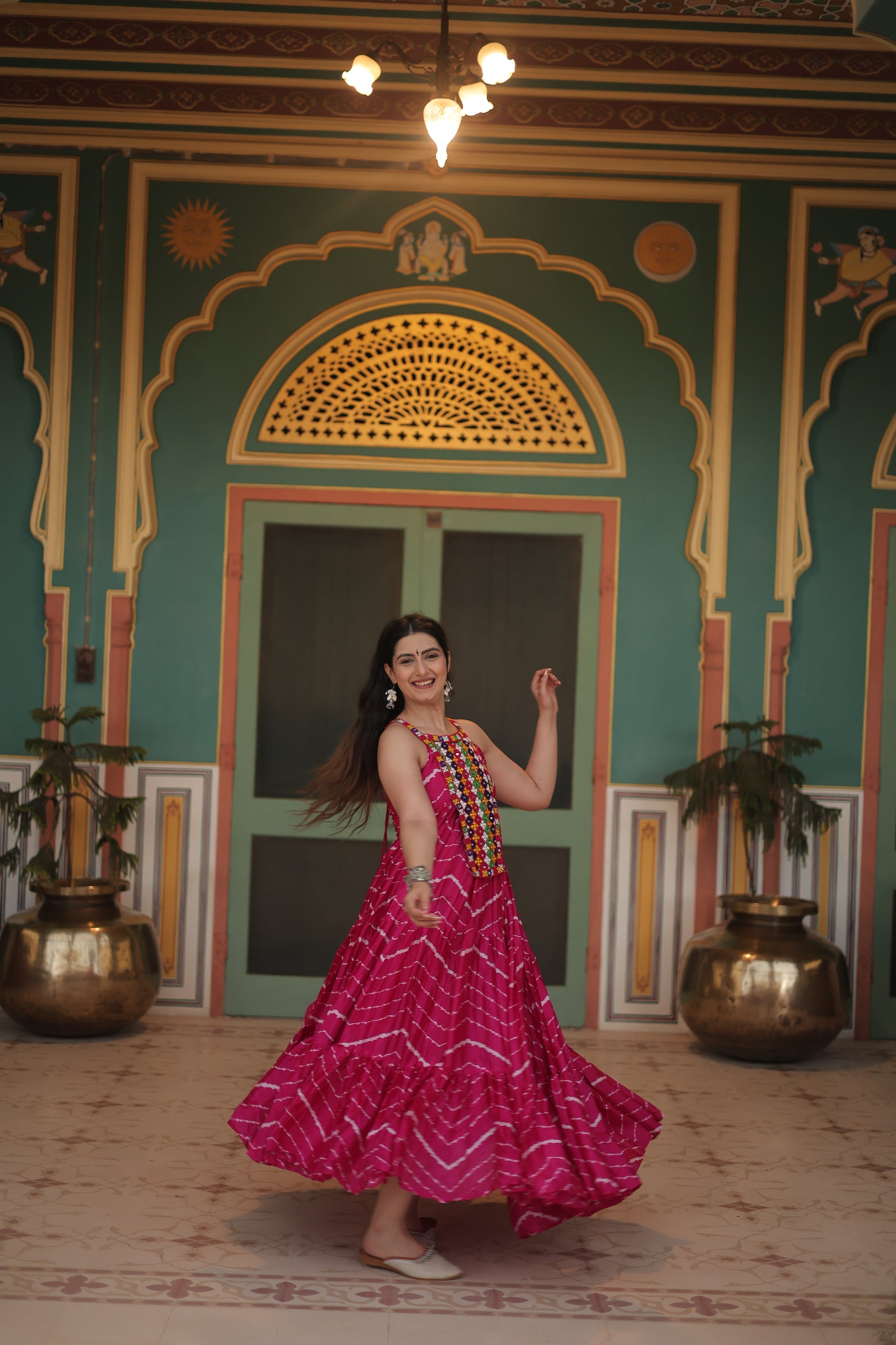 Pink leheriya print chinon Vandana designer sleeveless gown