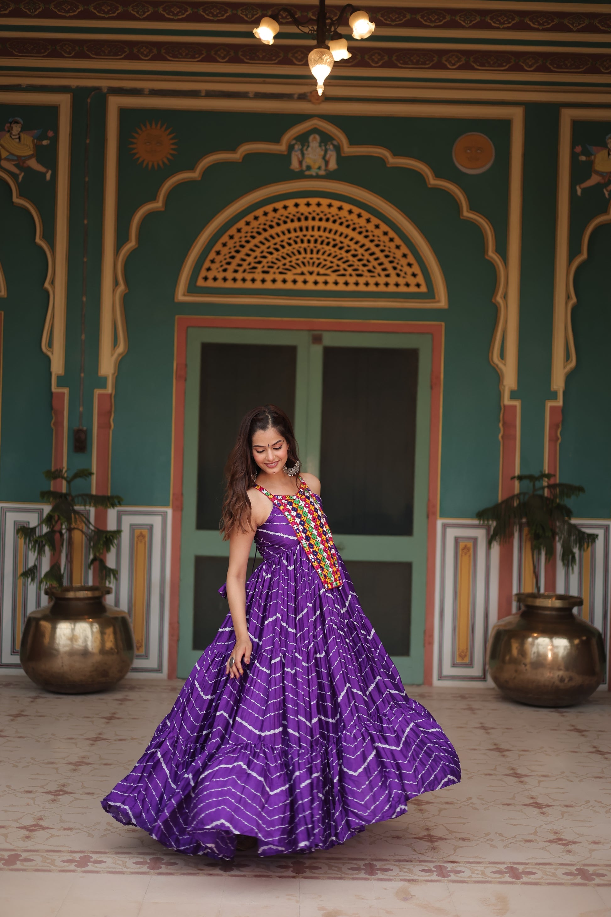 Purple leheriya print chinon Vandana designer sleeveless gown